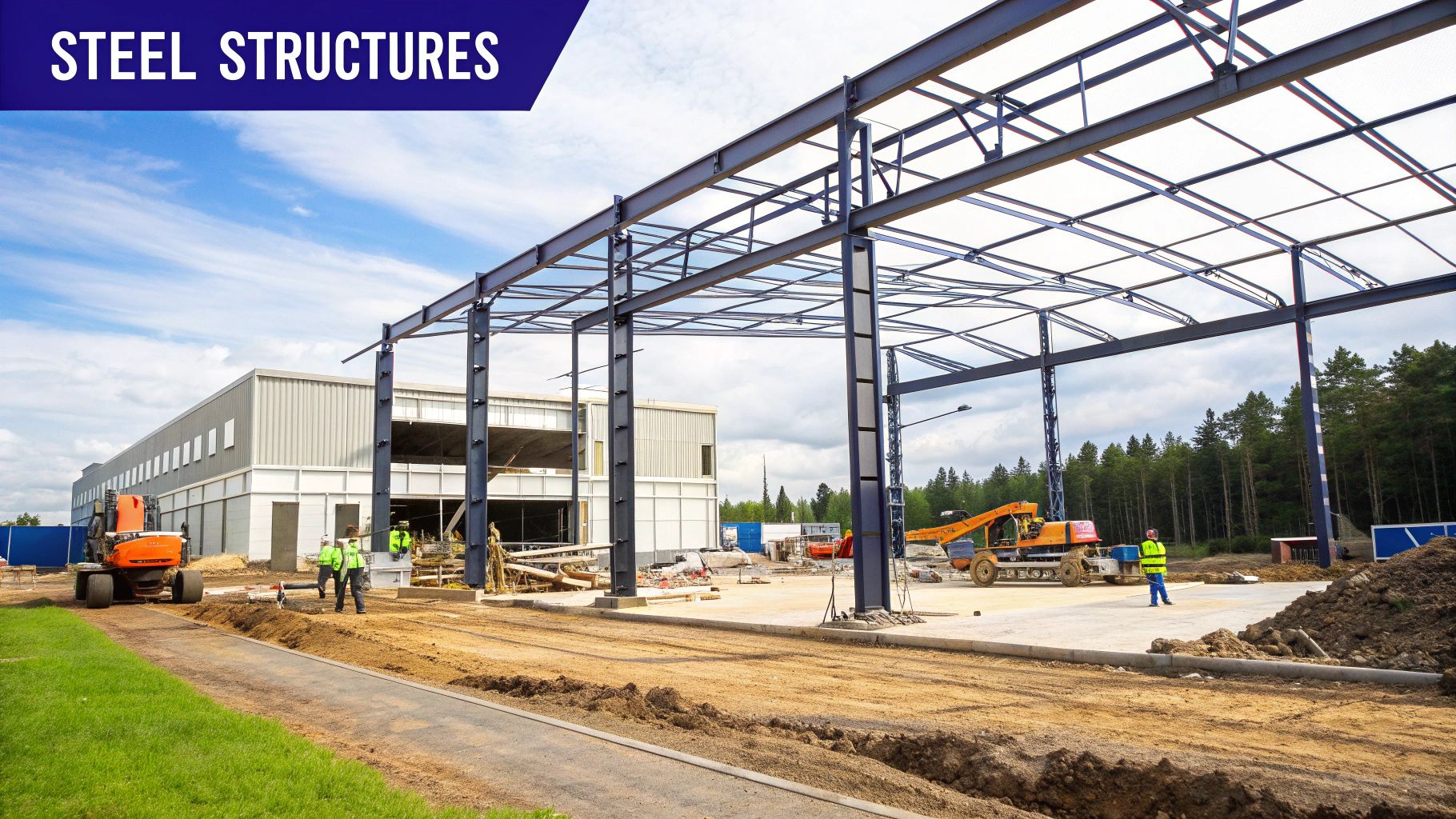Steel beams being assembled for a large commercial building project, highlighting the scale of construction.
