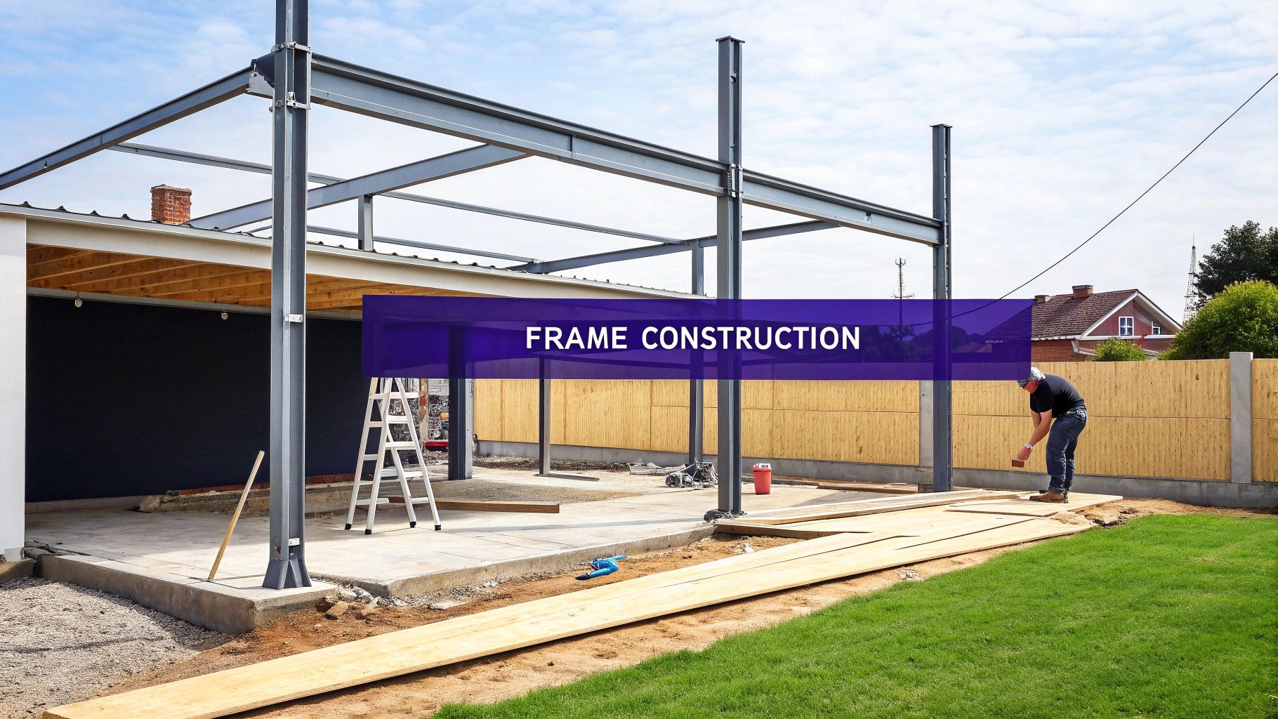 A partially constructed metal garage frame stands on a concrete slab, ready for the next phase.