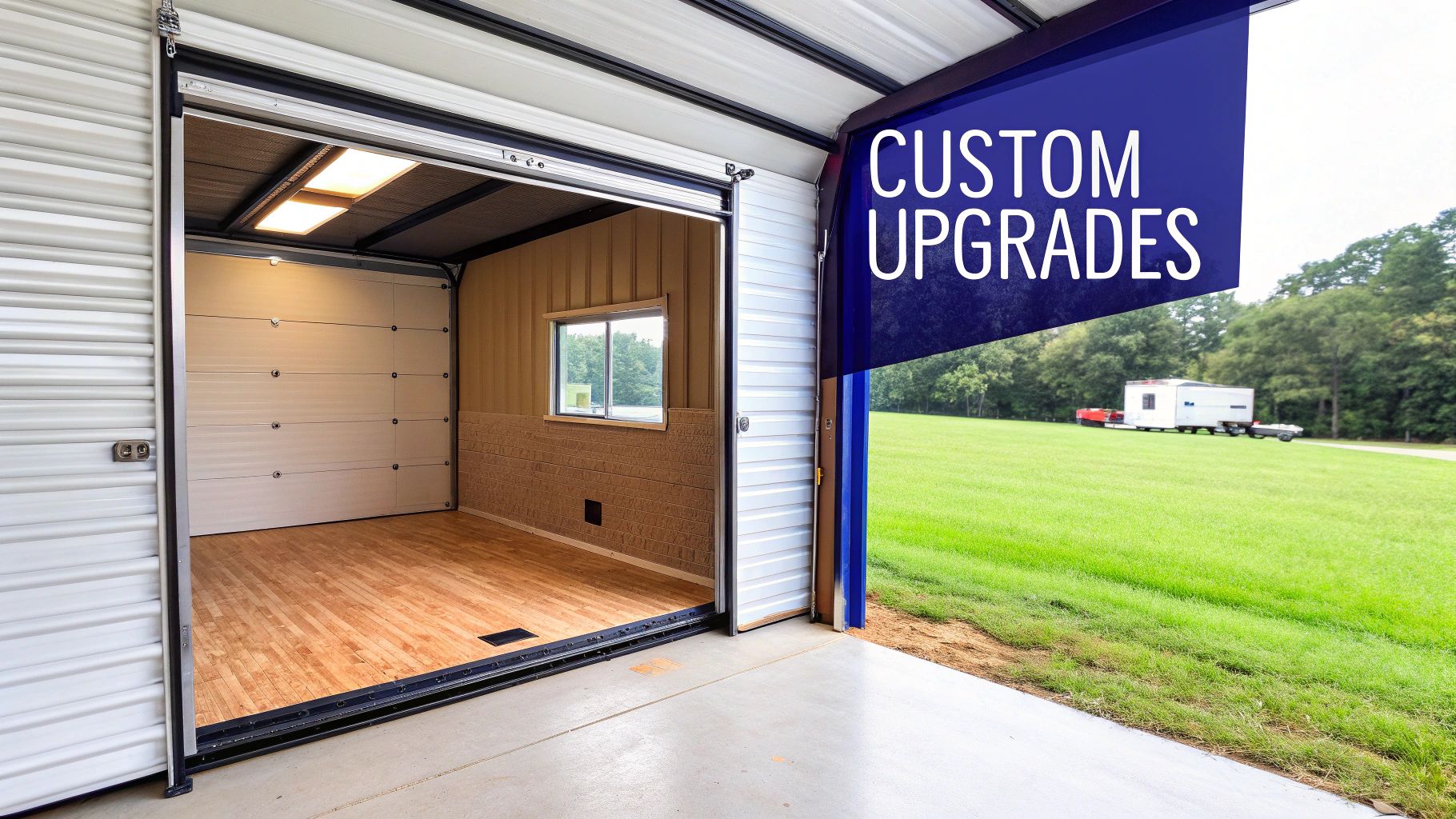 A large, customized RV metal garage with roll-up doors, windows, and a lean-to on the side.