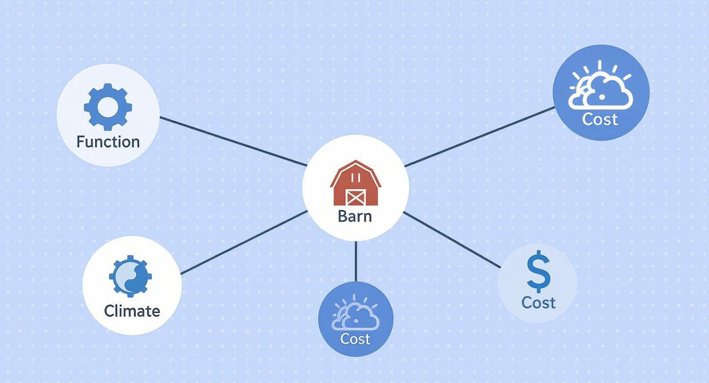 A diagram illustrates a barn connected to its function, climate, and various cost factors, including weather-related and monetary.