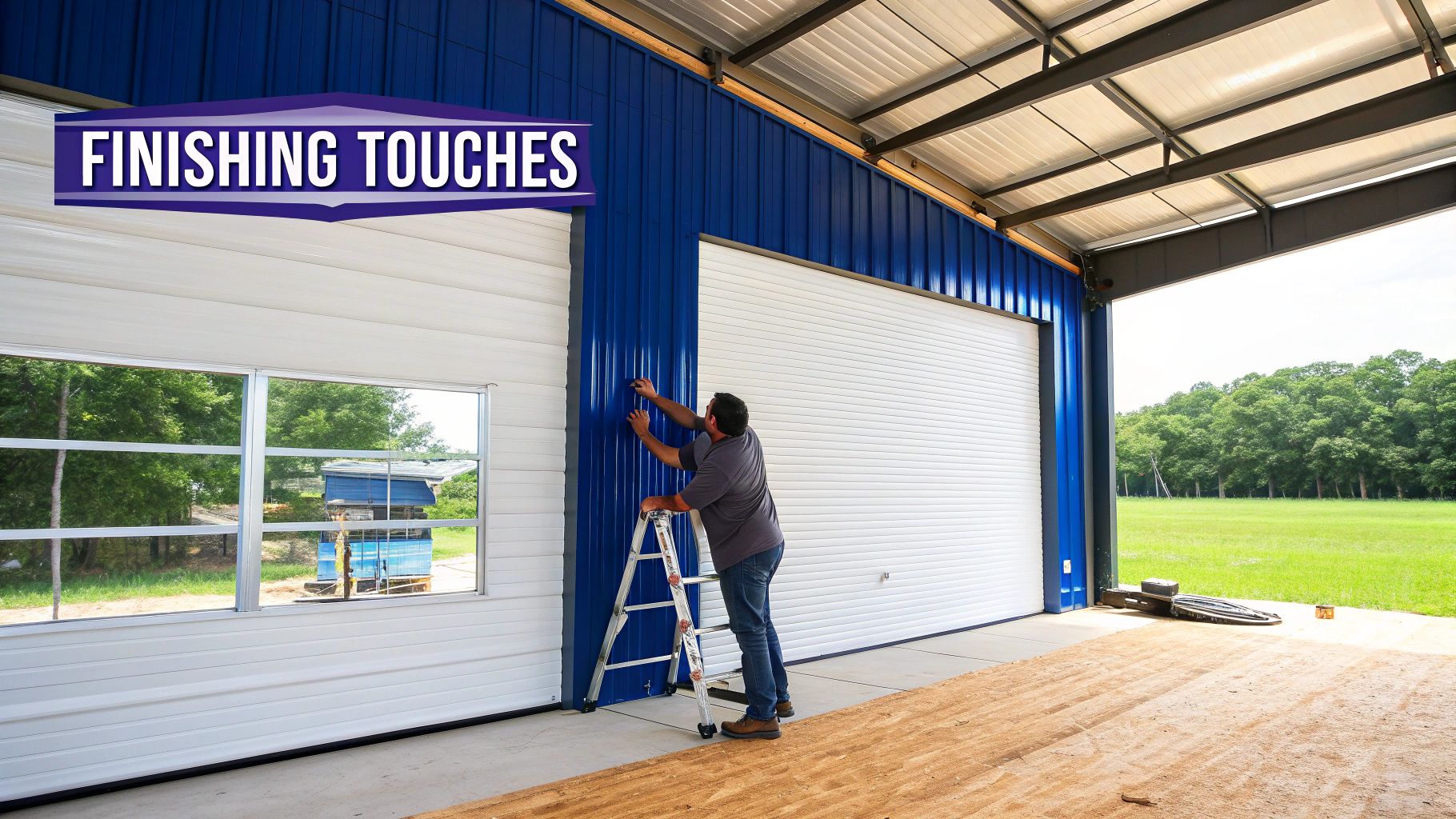 A completed do it yourself steel building with doors, windows, and wainscoting installed.