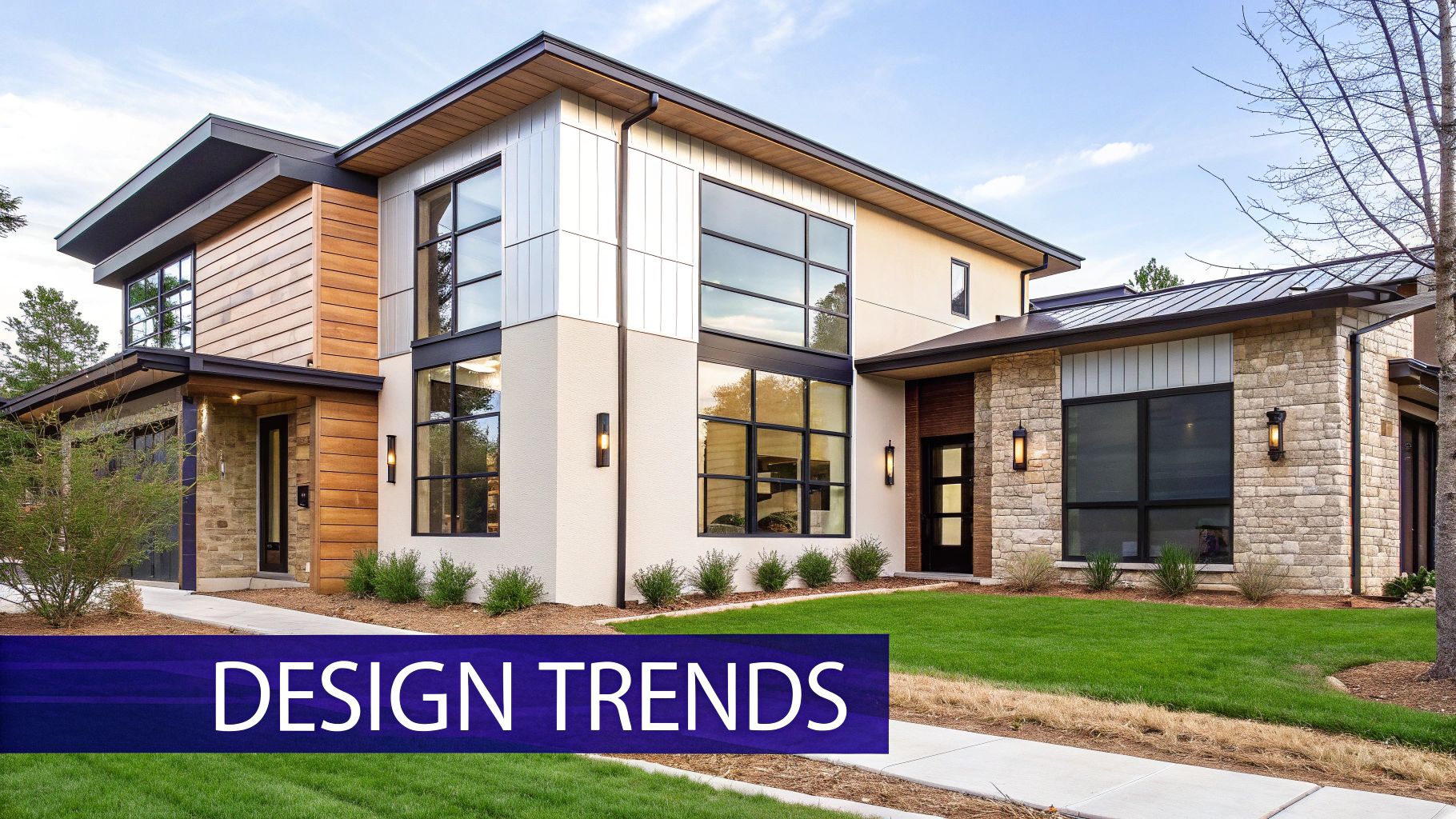 Facade of a sleek modern home featuring wood, stone, stucco, and expansive dark-framed windows.