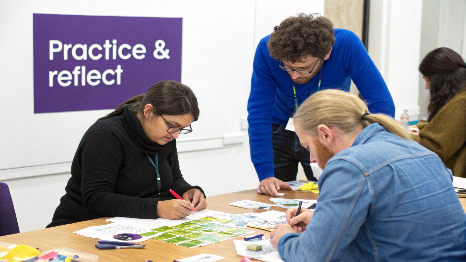 People at a workshop collaborating and writing, with a 'Practice & reflect' sign.