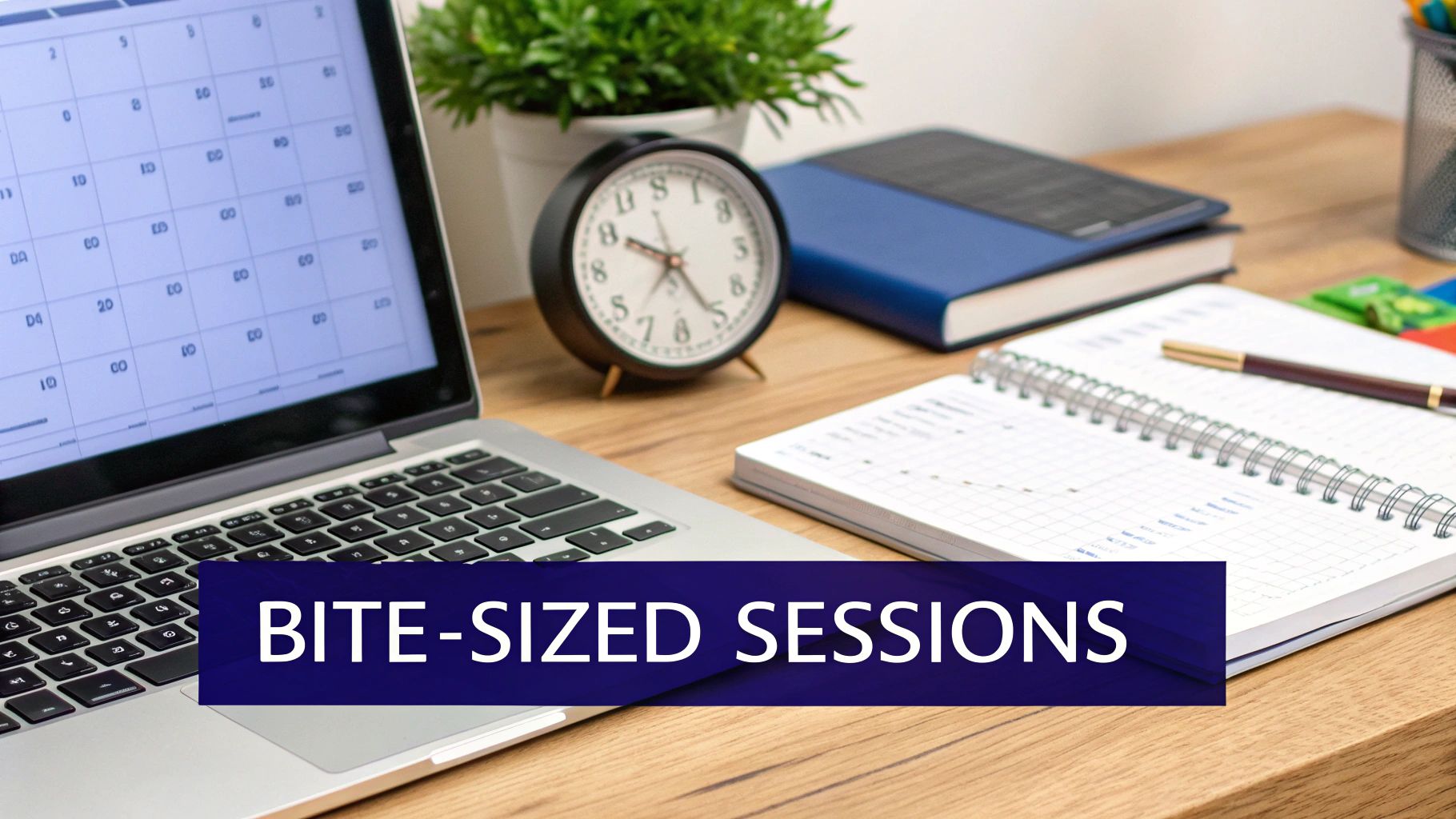 A modern desk workspace with a laptop showing a calendar, clock, notebooks, and a 'BITE-SIZED SESSIONS' banner.