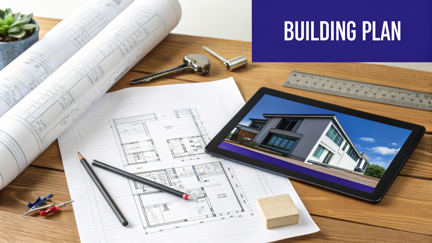 Architectural blueprints, a tablet showing a modern house, pencils, and tools on a wooden desk with a 'BUILDING PLAN' banner.