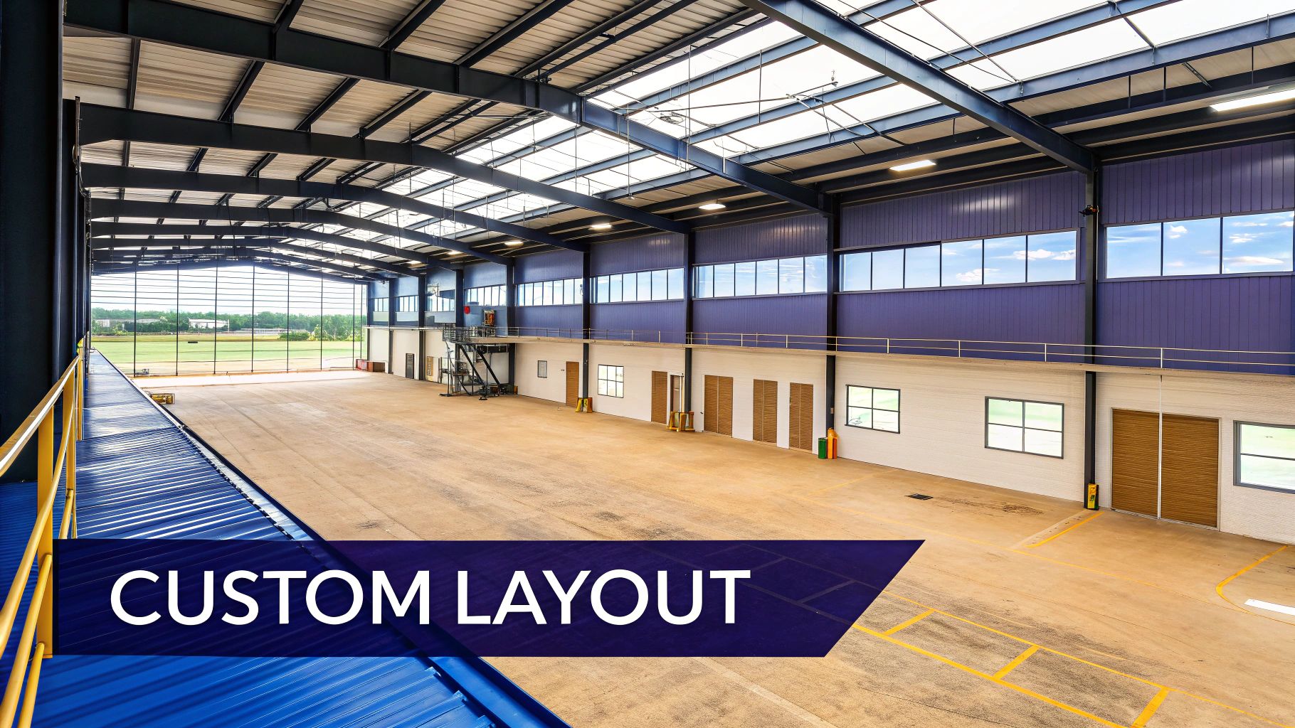 A spacious and well-lit interior of a steel building warehouse with organized shelving and high ceilings.
