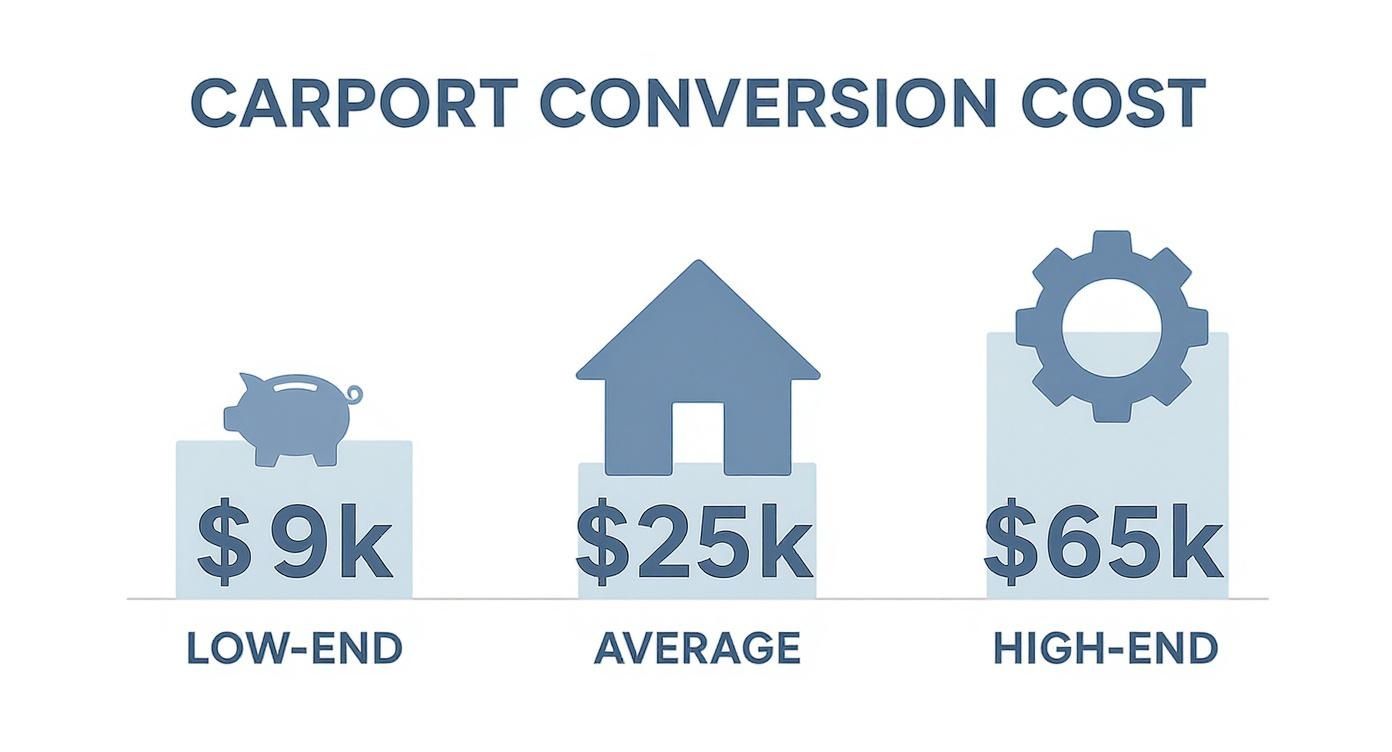 Infographic displaying carport conversion costs: low-end $9k, average $25k, high-end $65k.