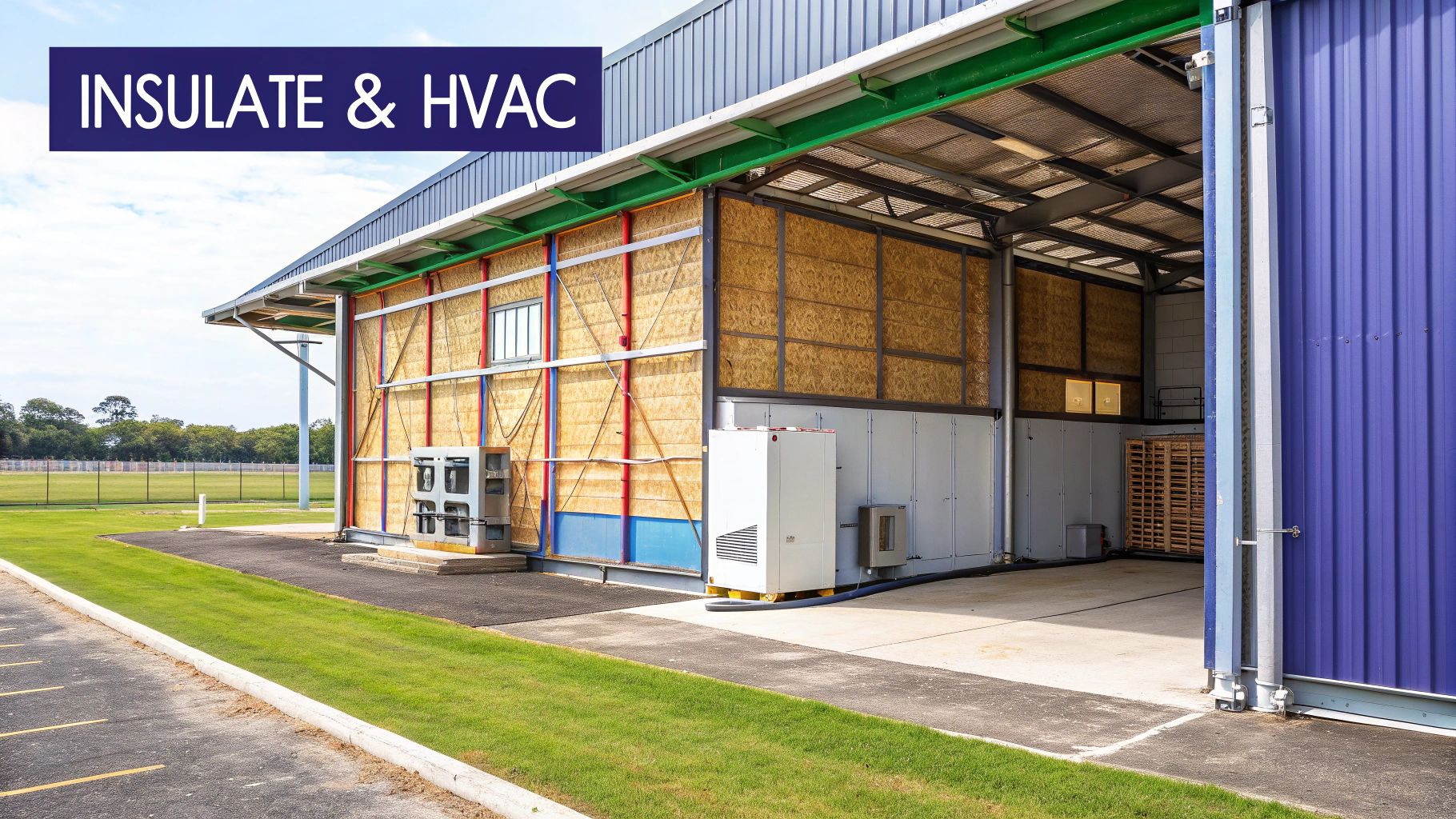 Industrial building featuring exposed insulation and various HVAC units, demonstrating energy efficiency solutions.