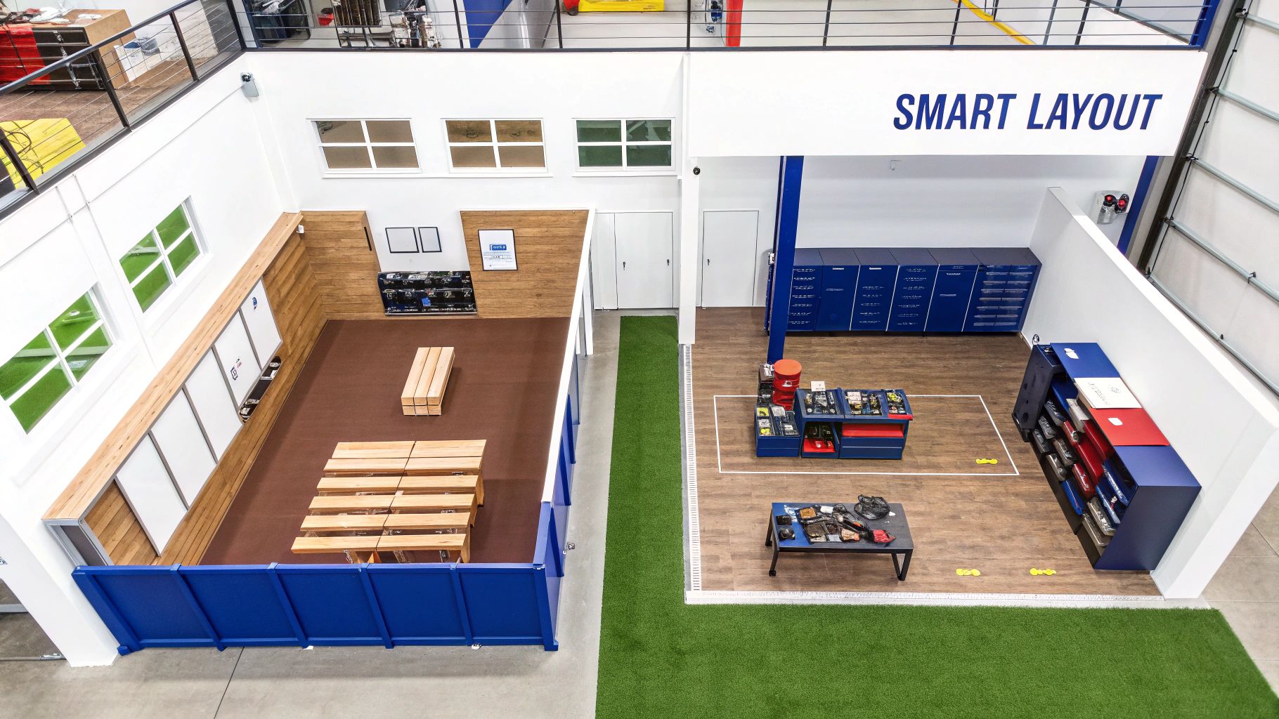 Aerial view of a modern indoor facility with a blue-partitioned meeting area and a blue-themed showroom.