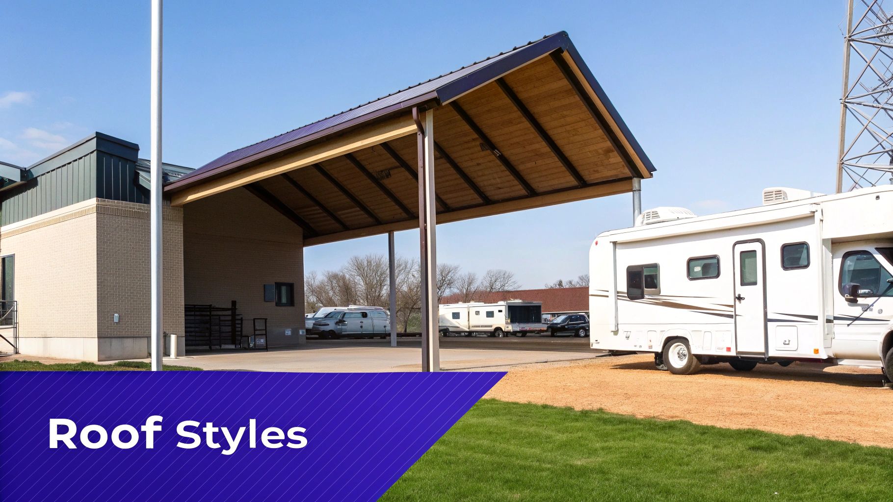 A building featuring a distinctive A-frame wooden shelter and a flat roof, with various RVs parked nearby.