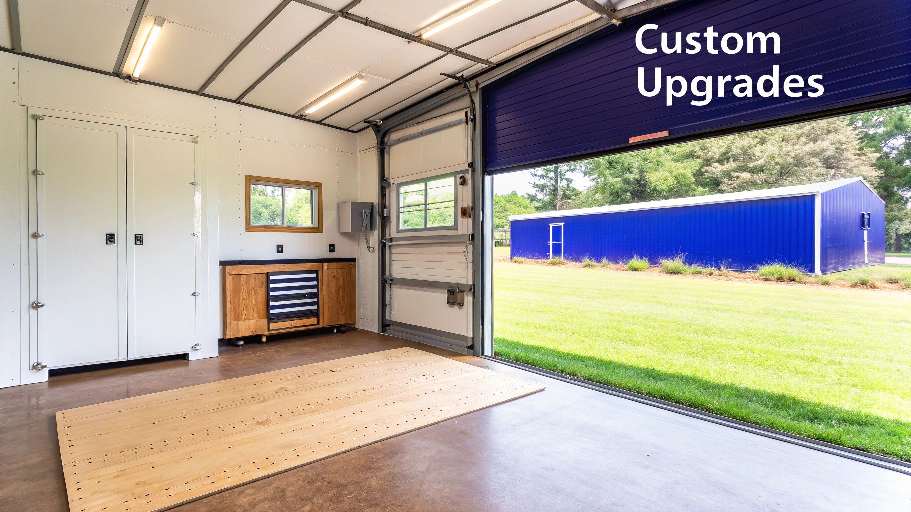 Interior of a modern garage or workshop with white cabinets, wooden workbench, and an open blue roll-up door.