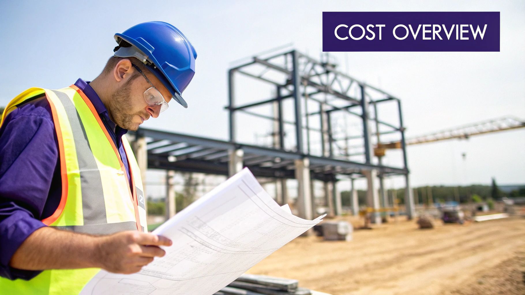 A modern steel building under construction, showcasing its strong frame and spacious interior