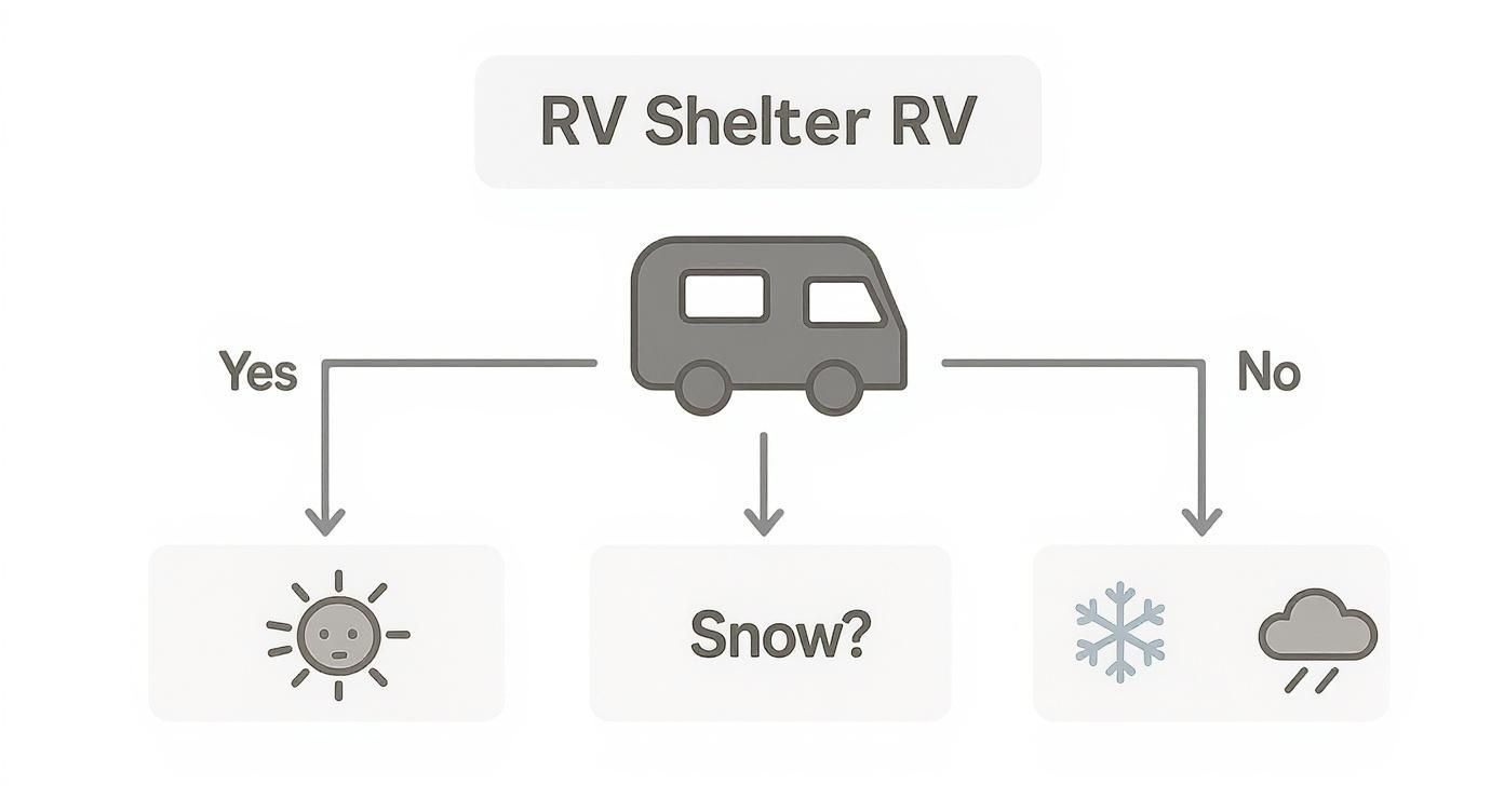 A flowchart illustrates RV shelter decisions based on weather, showing paths for sun, snow, and rain conditions.