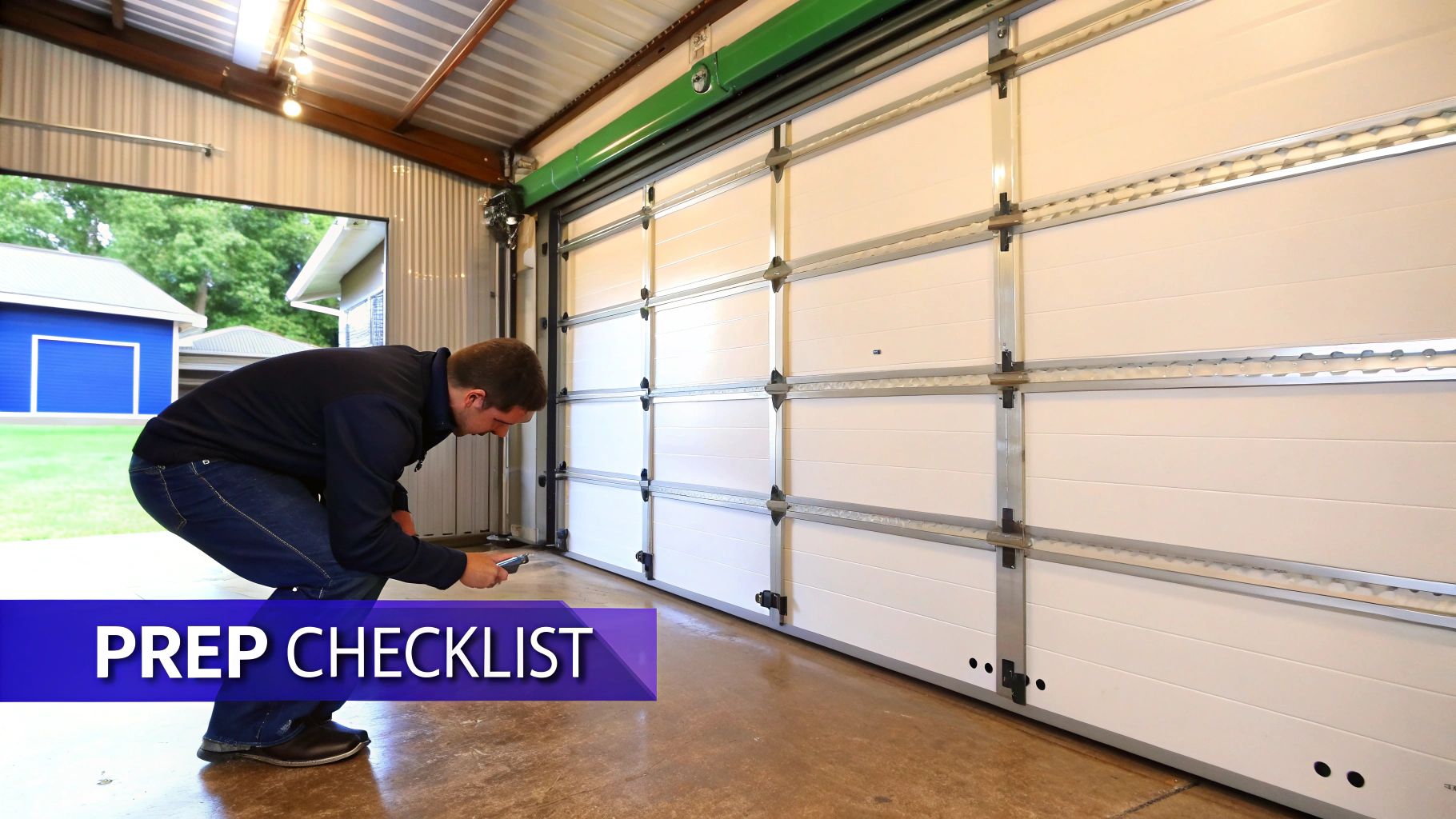 A person in protective gear cleaning the inside of a metal garage before insulating it.
