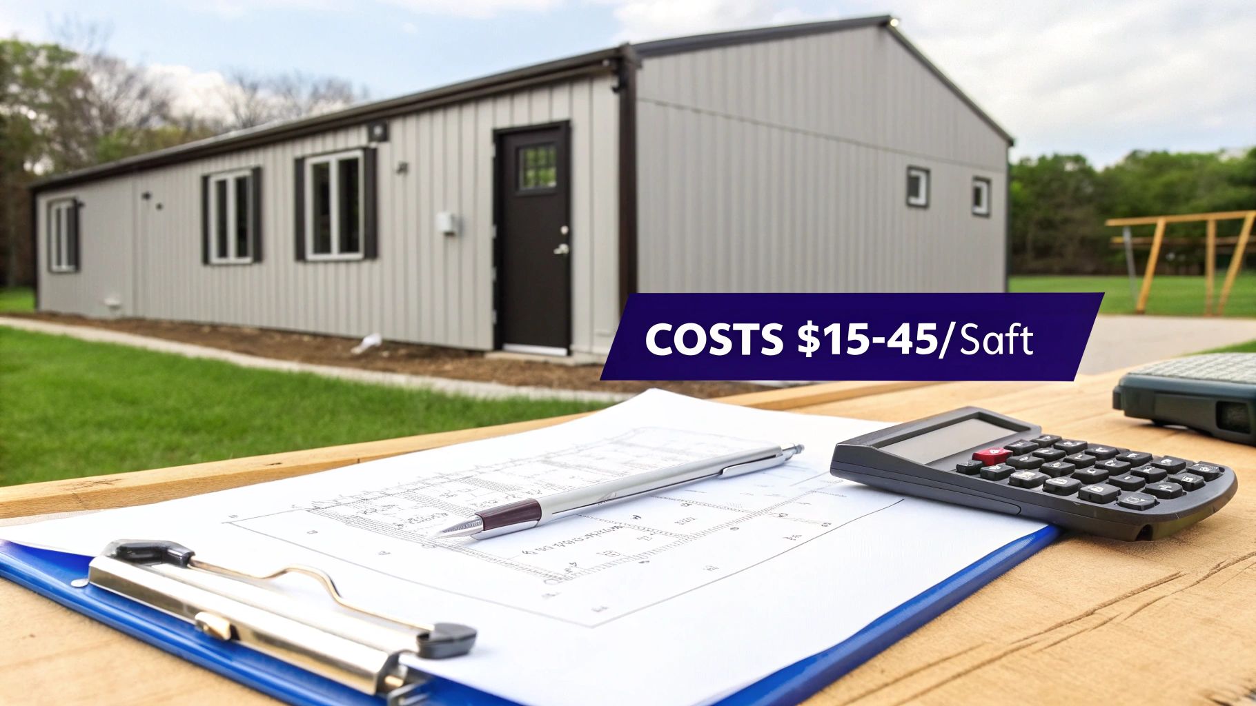A metal building with a blueprint, pen, and calculator on a table, showing construction costs of $15-45/sqft.