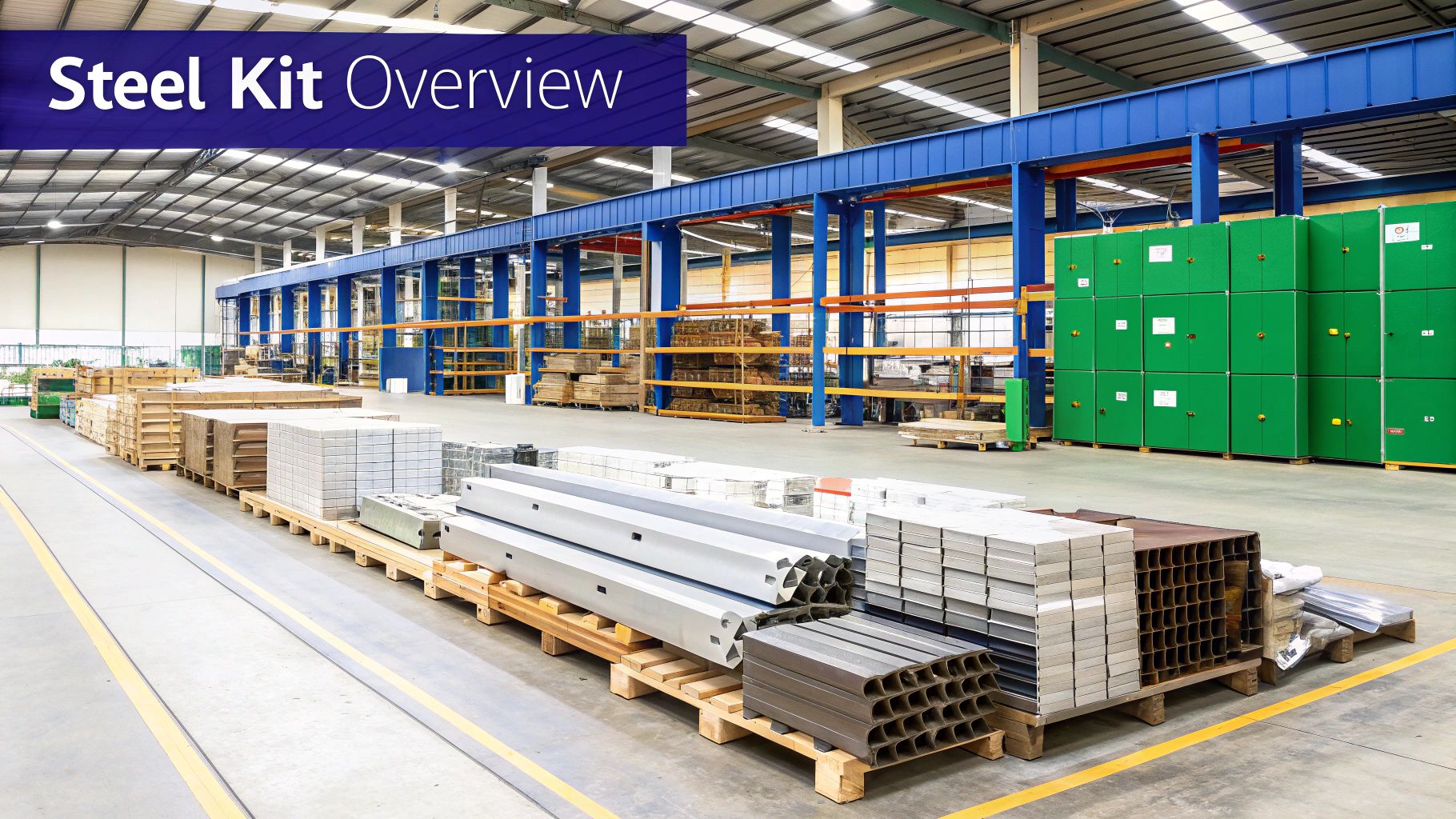 A modern steel building kit under construction with a clear blue sky in the background.