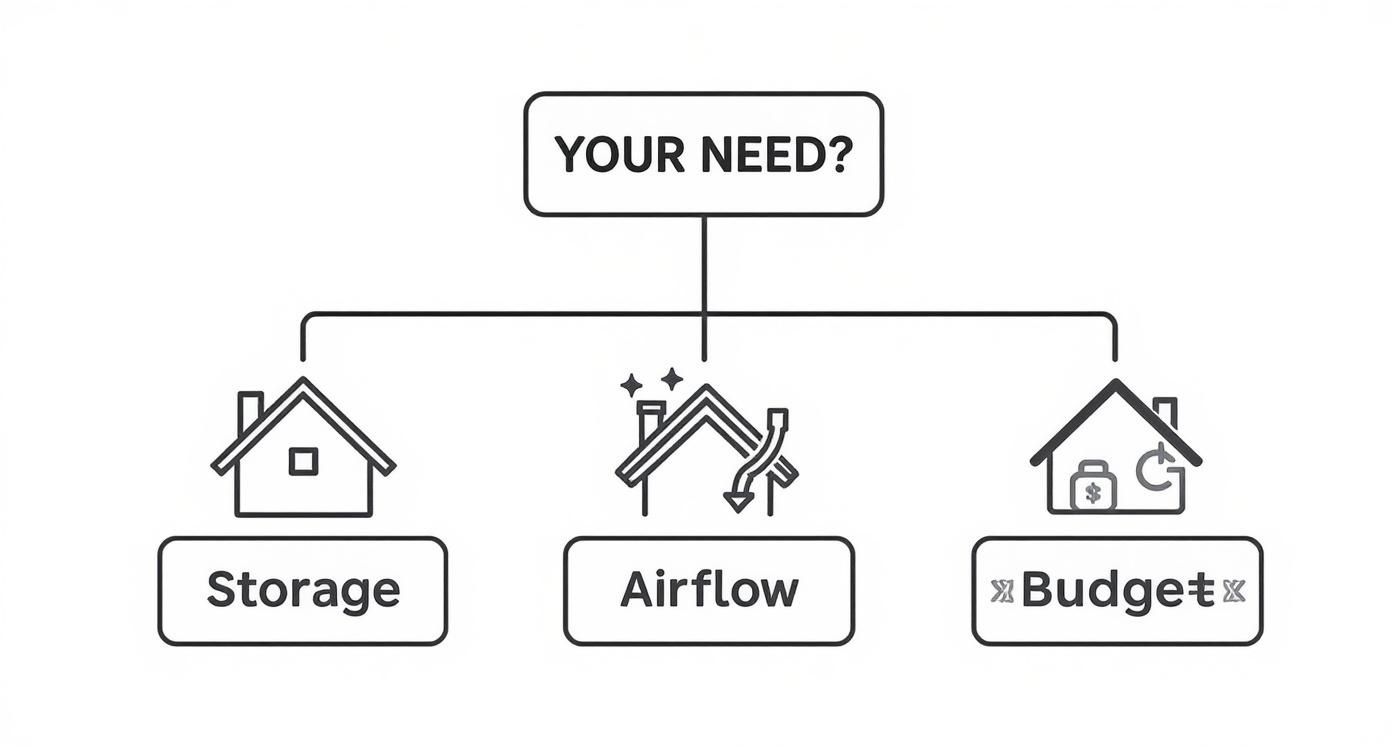 A diagram asking 'Your Need?' with options: Storage, Airflow, and Budget, each depicted with a house icon.