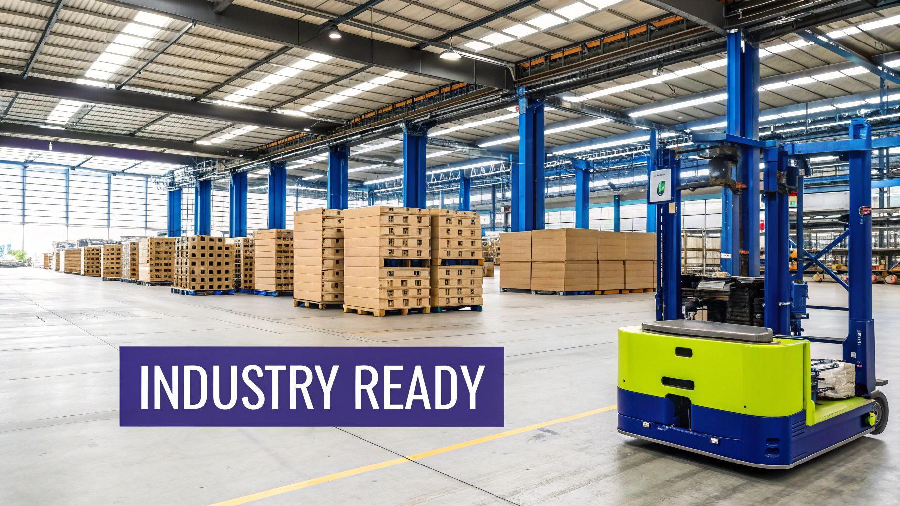 A modern steel building warehouse with trucks at loading docks, representing various industries.