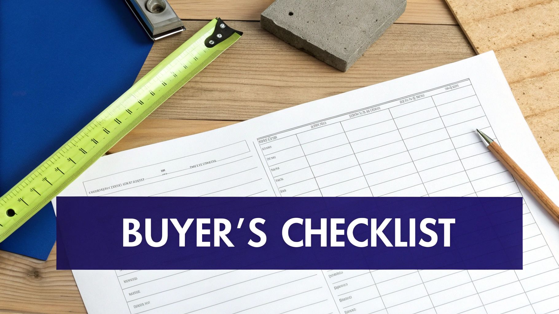 Buyer's checklist document with ruler, pencil, and construction materials on wooden desk
