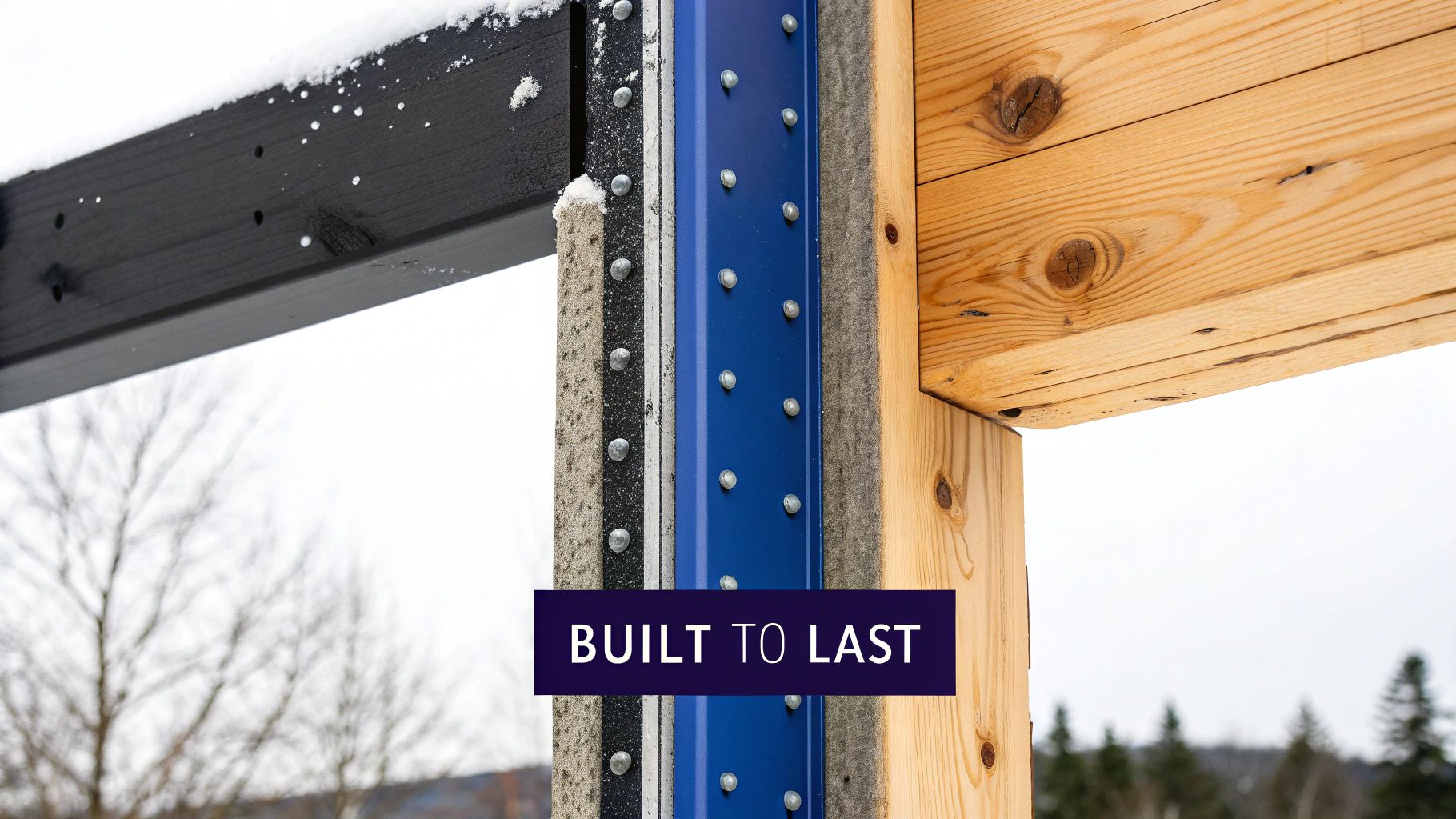 A close-up of a building's cross-section, showing layered construction with wood beams, insulation, and a blue metal frame, covered in snow, conveying durability.