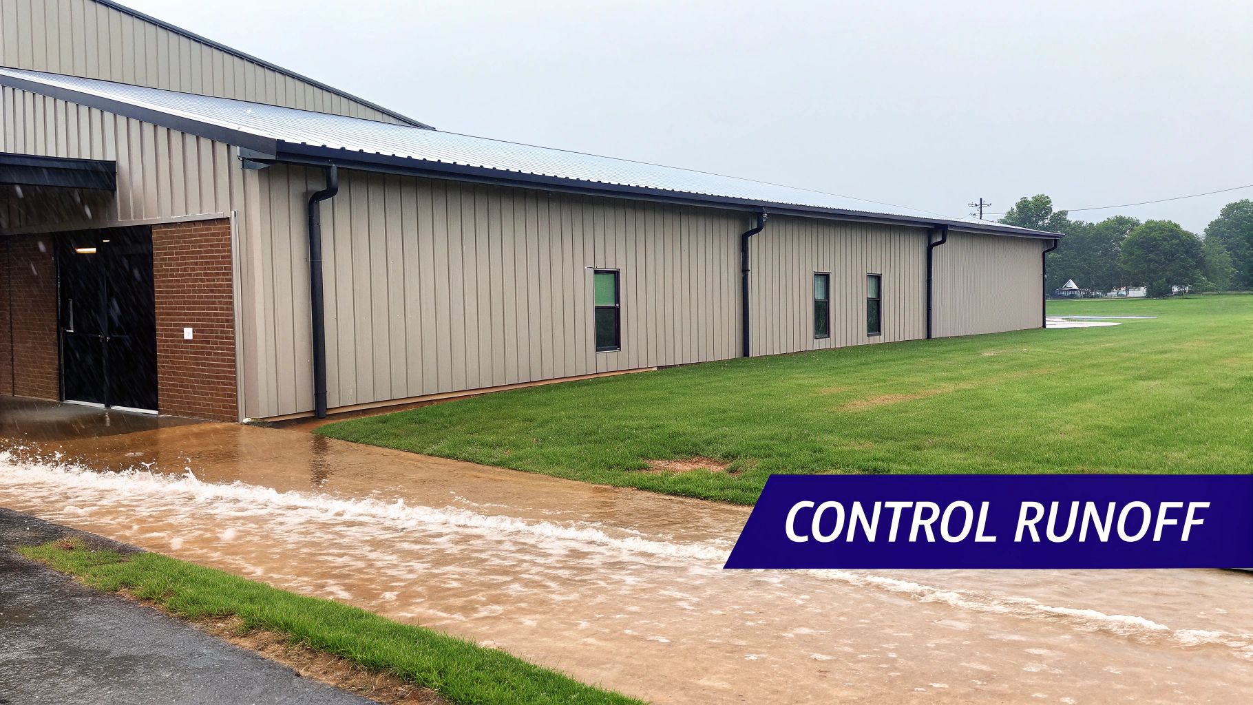 Heavy rain causes significant runoff on a concrete path next to a metal building with gutters.