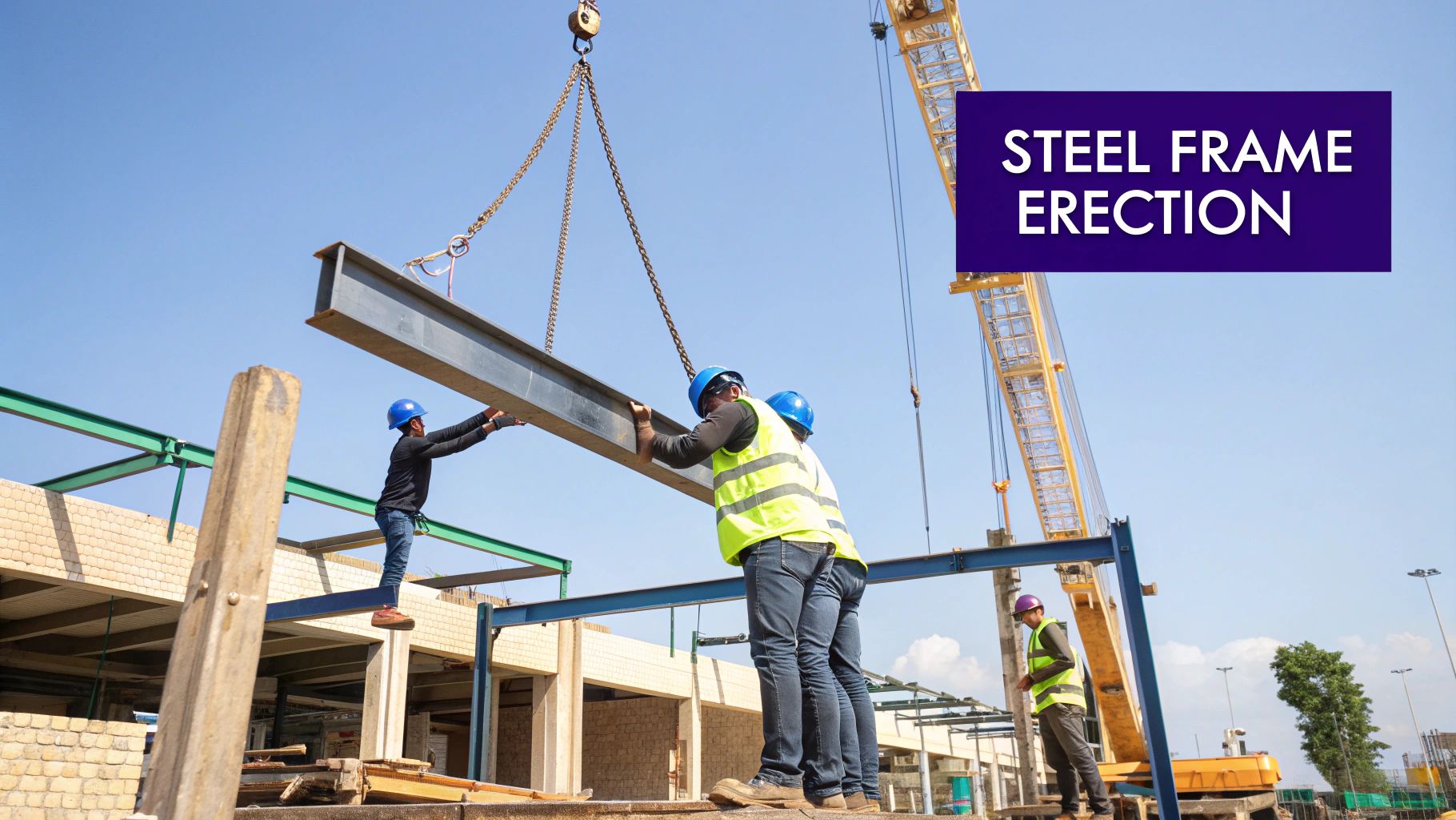 Steel building frame being erected on a concrete foundation