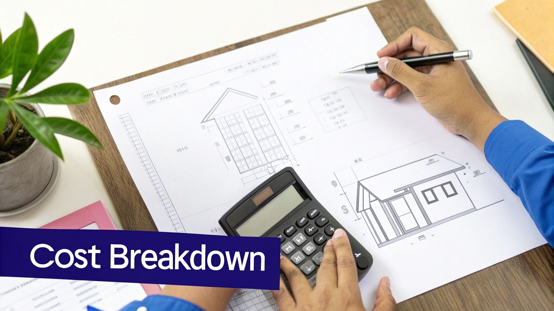 Person calculates costs on architectural blueprints for a house, using a calculator and pen, focusing on cost breakdown.