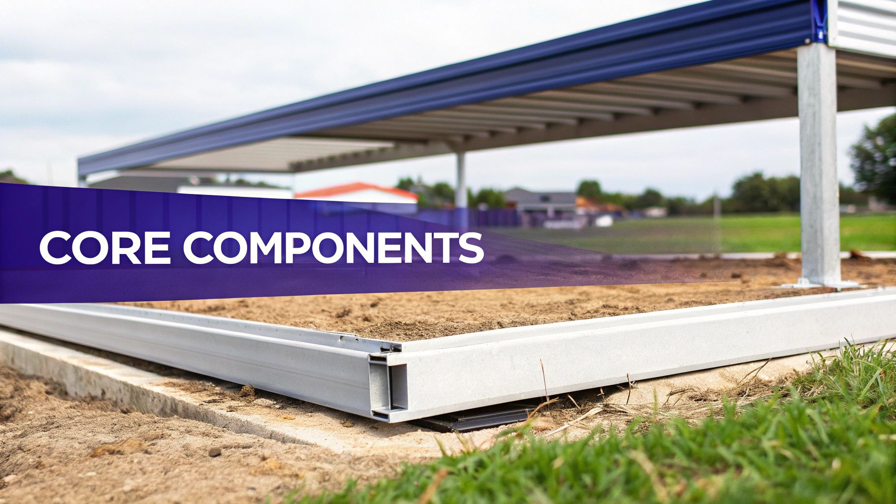 Close-up of the core components and foundation of a new farm steel building under construction.