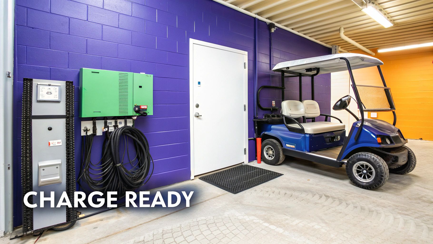 A blue golf cart parked indoors next to charging equipment on a vibrant purple wall.