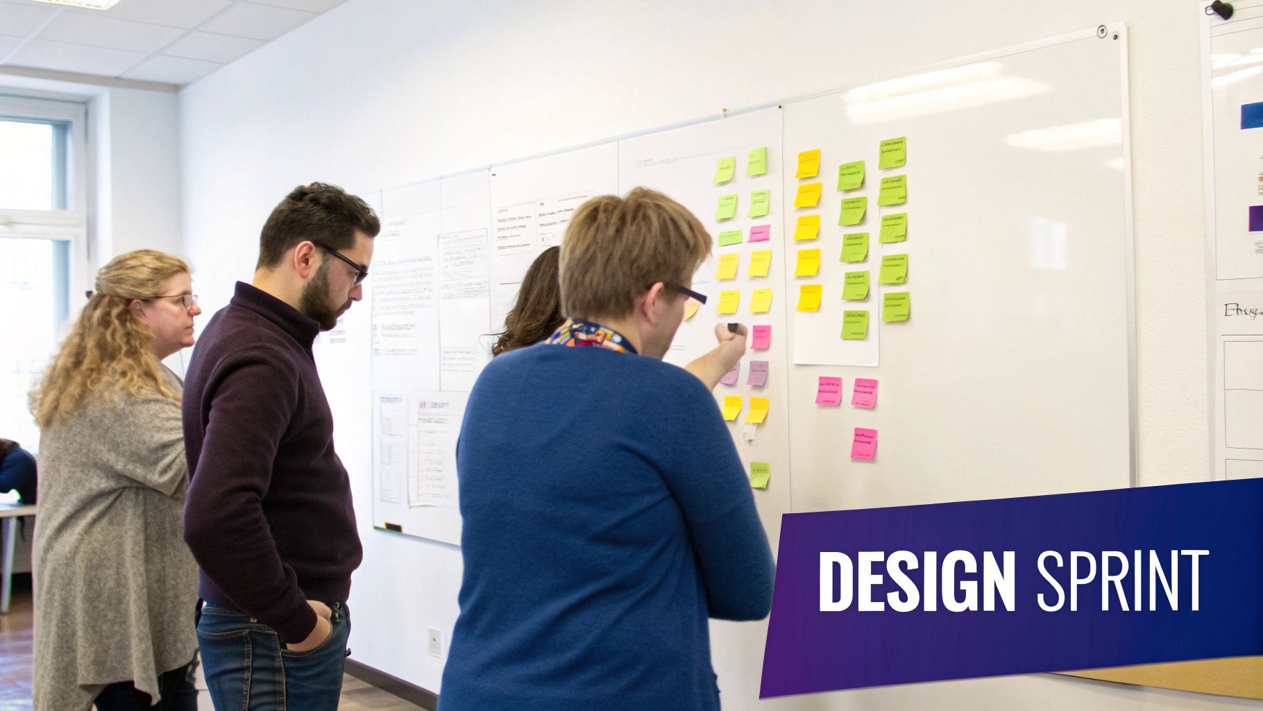 Three people collaborate intently on a whiteboard covered with colorful sticky notes during a design sprint.