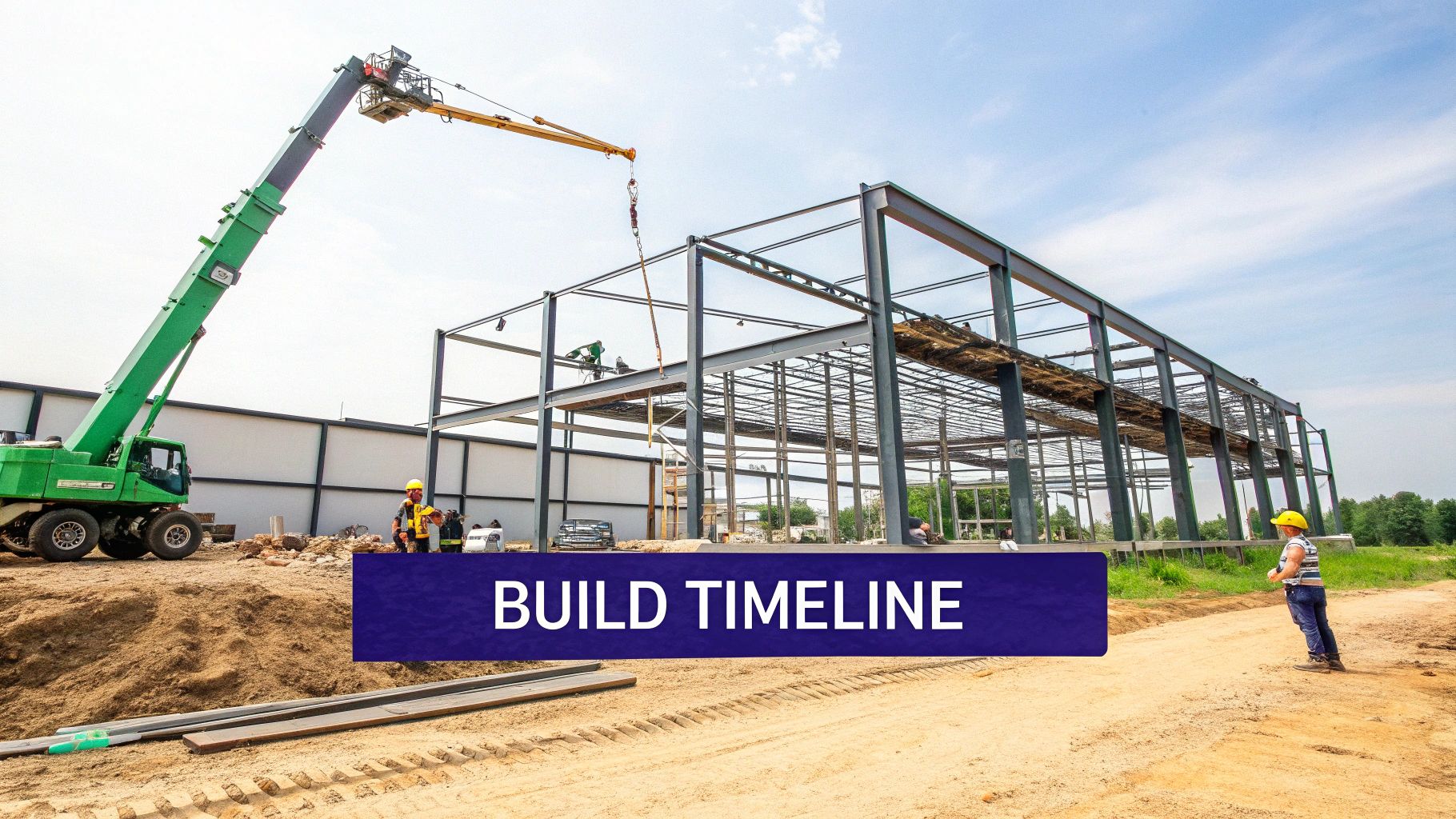 A construction crew works on erecting the steel frame of a large metal agricultural building on a prepared concrete foundation.