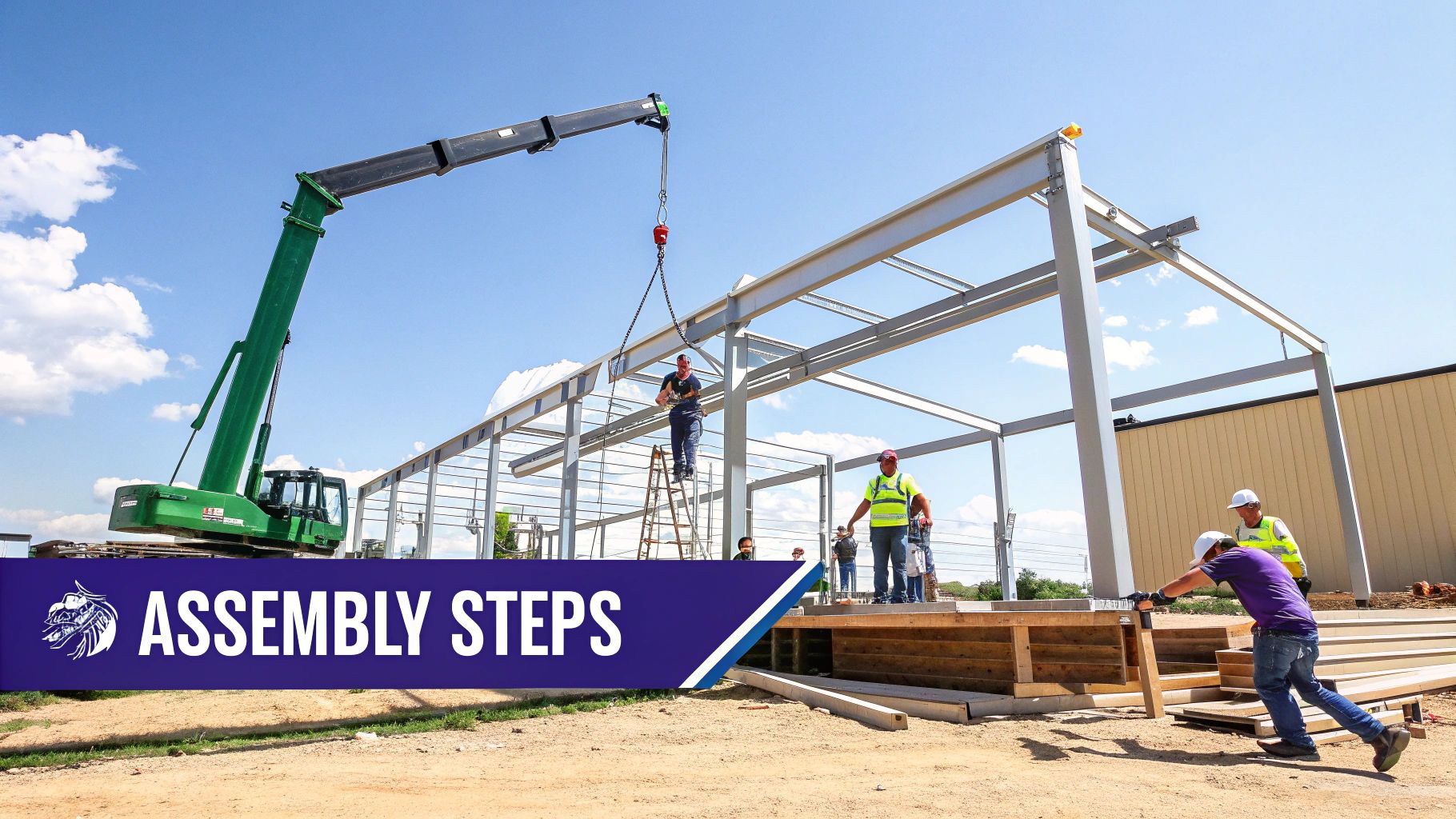 Construction workers assembling metal steel frame building structure using crane on construction site