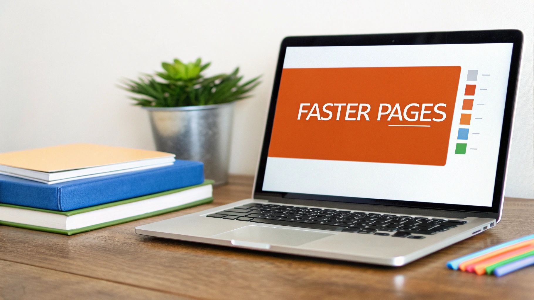 A laptop on a wooden desk displays "FASTER PAGES" text, surrounded by stacked books and a potted plant.