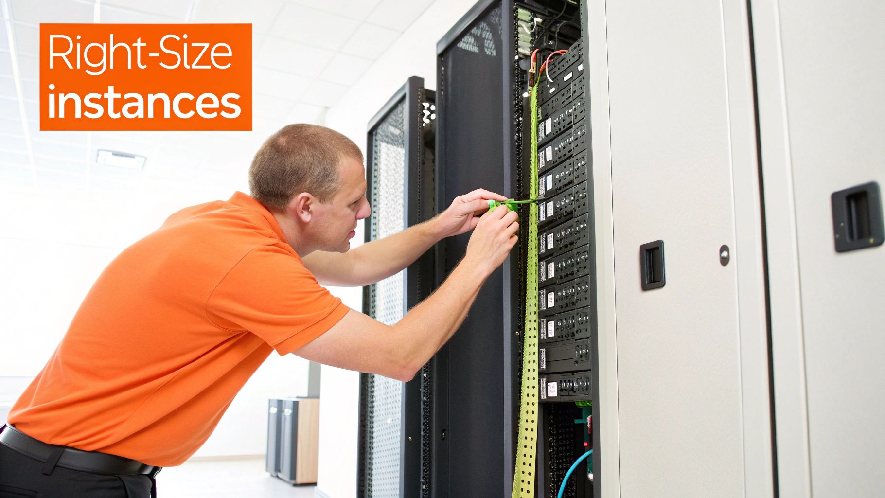 A man in an orange shirt works on server racks in a data center, optimizing hardware.