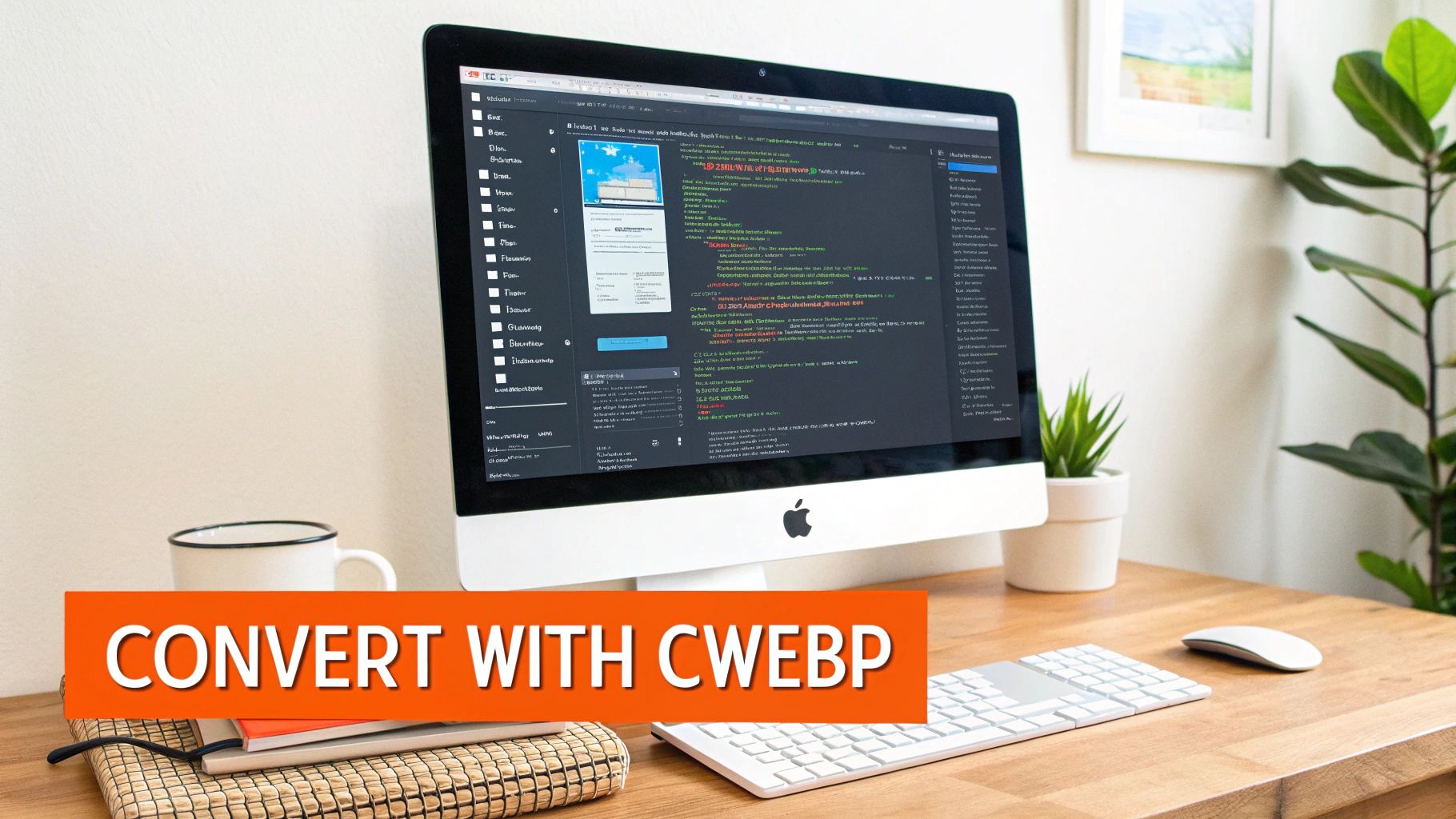 A developer's desk featuring an iMac displaying code, a keyboard, mouse, and a prominent banner for WebP conversion.