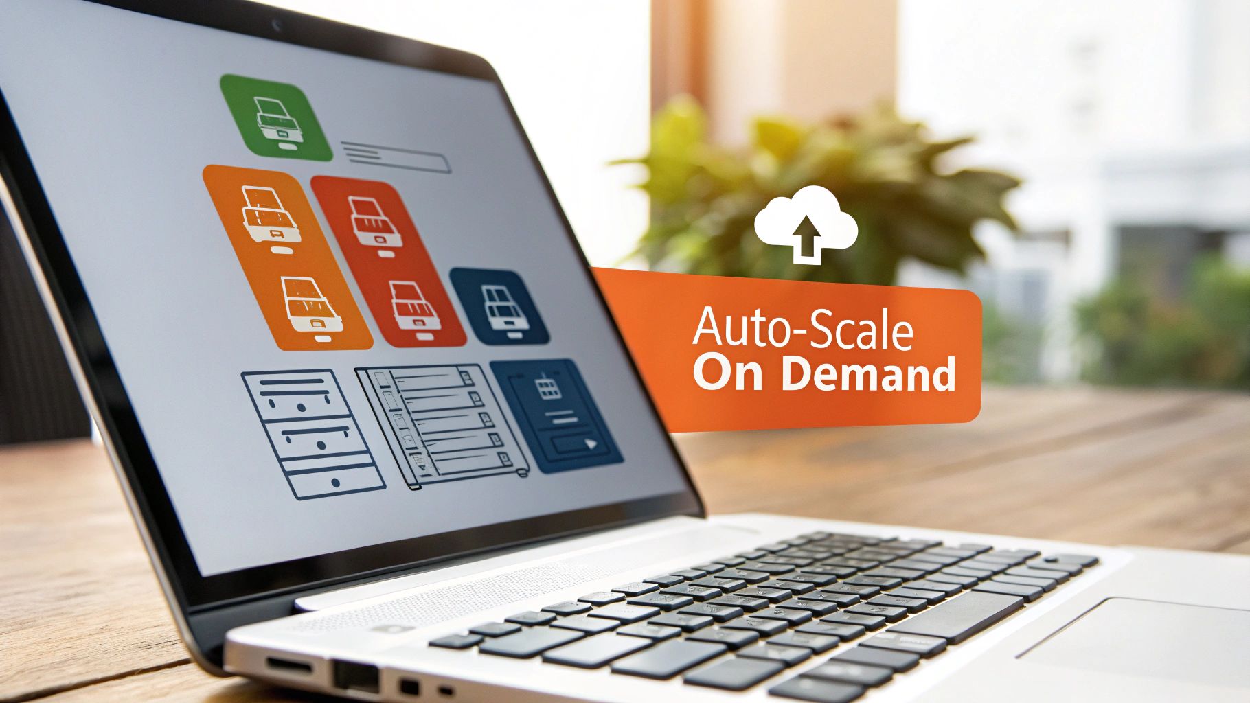 Laptop screen displays cloud architecture icons with a banner promoting 'Auto-Scale On Demand' services.