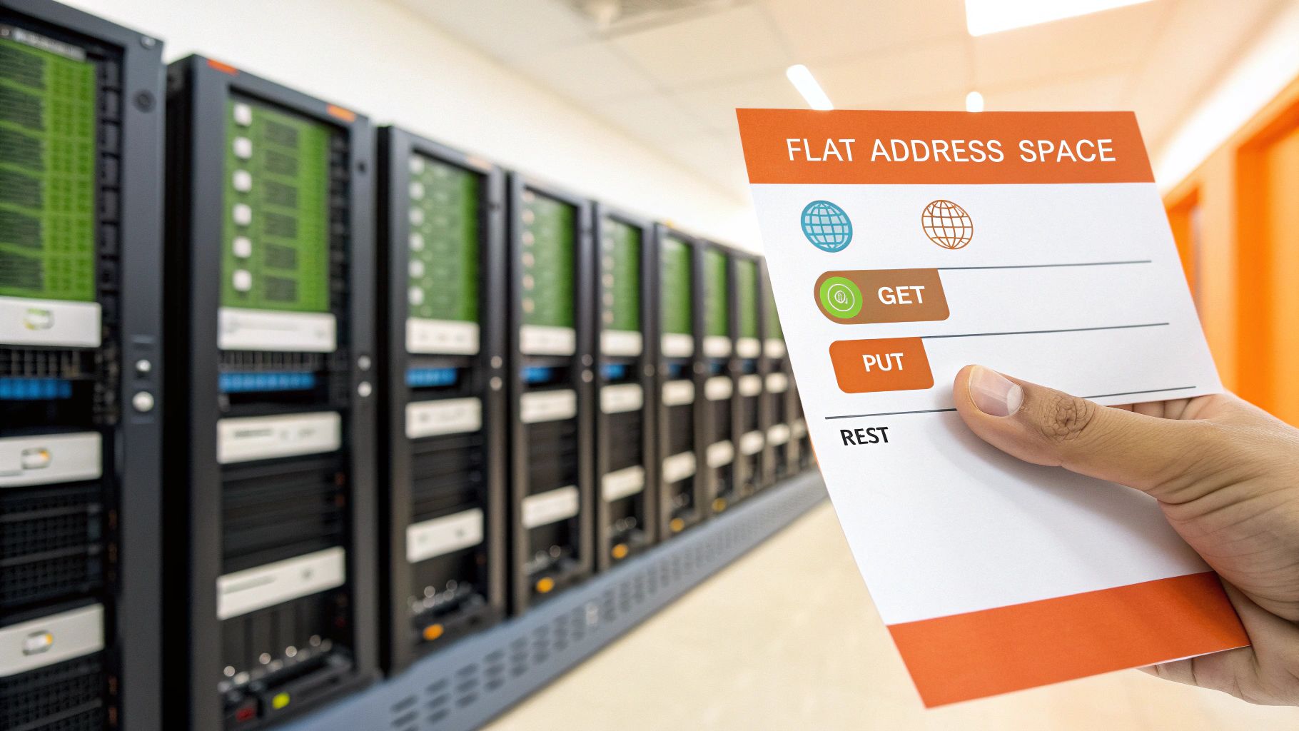 A hand holds a card with 'Flat Address Space', 'GET', 'PUT', and 'REST' written on it, against a background of server racks.