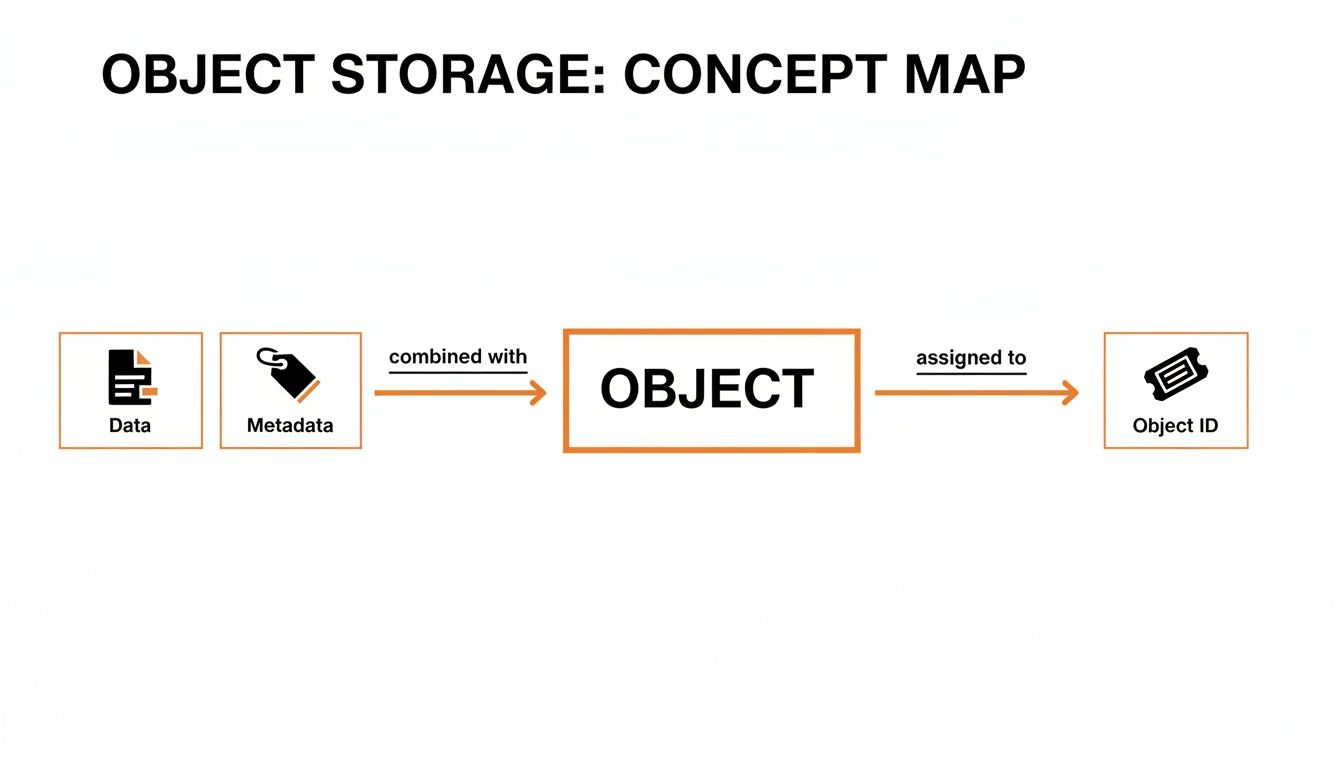 A concept map illustrating object storage, showing data and metadata combined into an object, which is then assigned an object ID.