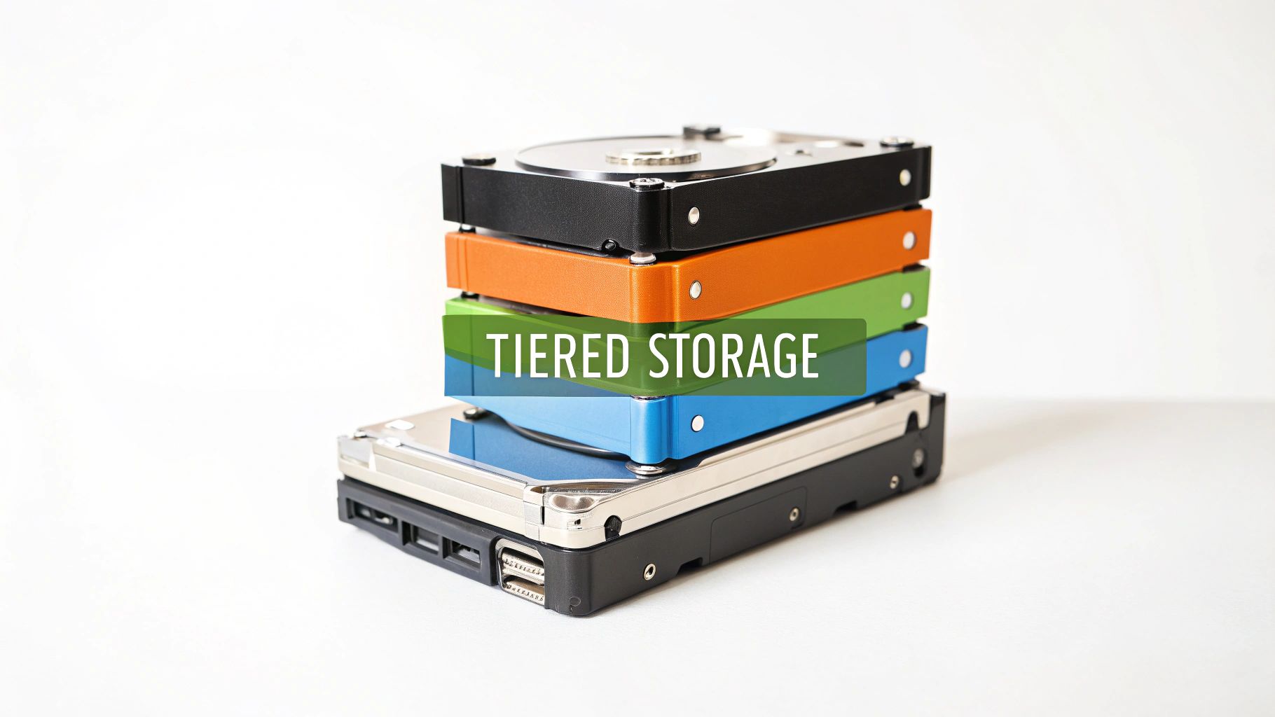 A stack of colorful hard drives, representing tiered storage solutions against a white background.