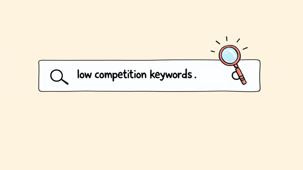 A search bar showing “low competition keywords” as input
