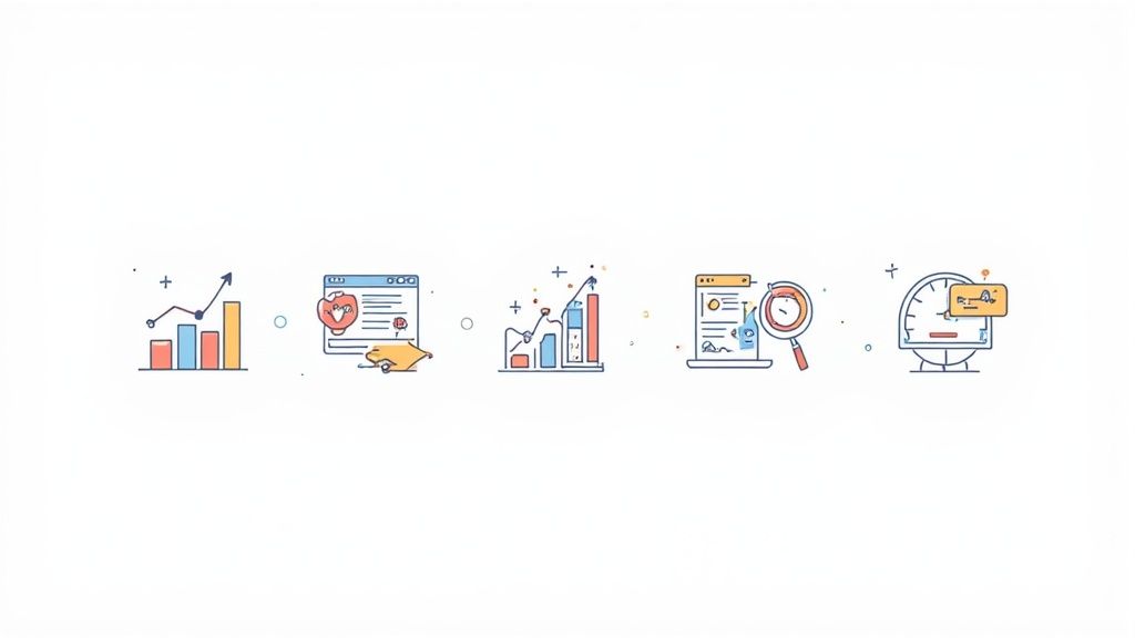 A digital marketing dashboard showing key performance indicators like conversion rate, cost per acquisition, and traffic sources.
