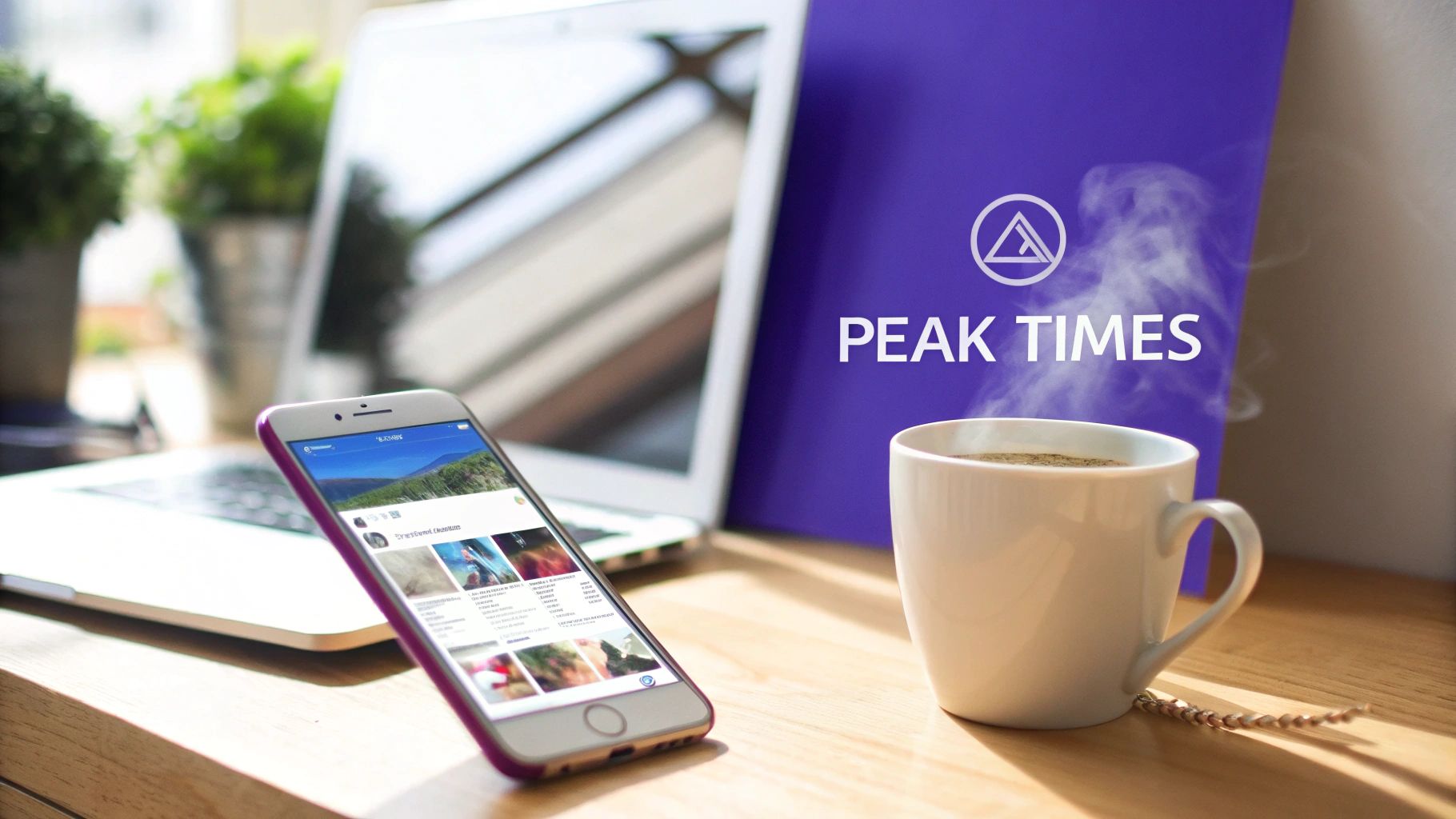 A white smartphone displaying Instagram on a wooden desk, next to a laptop, folder, and steaming coffee.