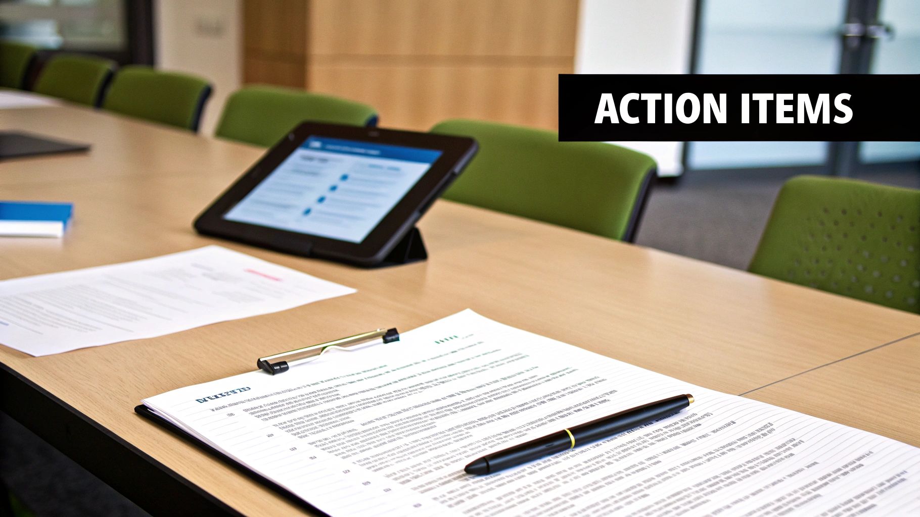 A conference table with a tablet, papers, and pens, with a banner stating 'ACTION ITEMS'.