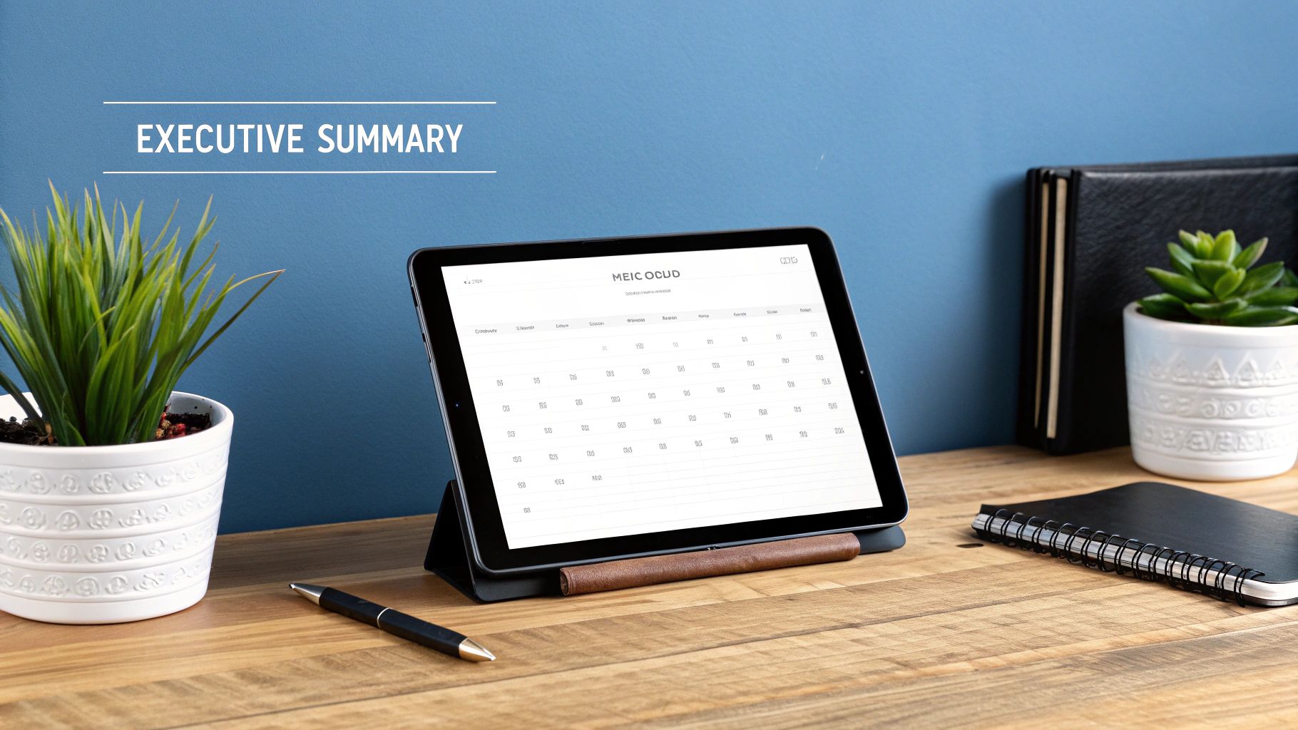 A tablet displaying a calendar on a wooden desk with a plant, pen, notebook, and 'Executive Summary' text.