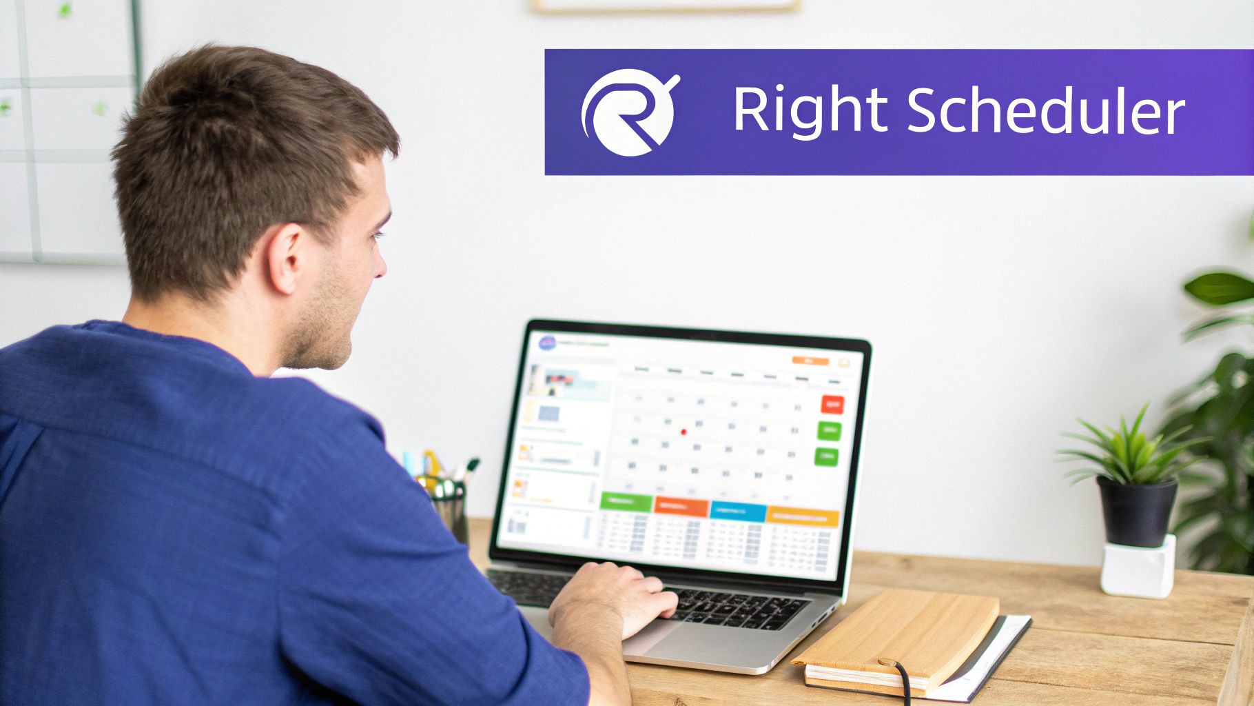 Man using a laptop to view a calendar scheduling application with the "Right Scheduler" logo.