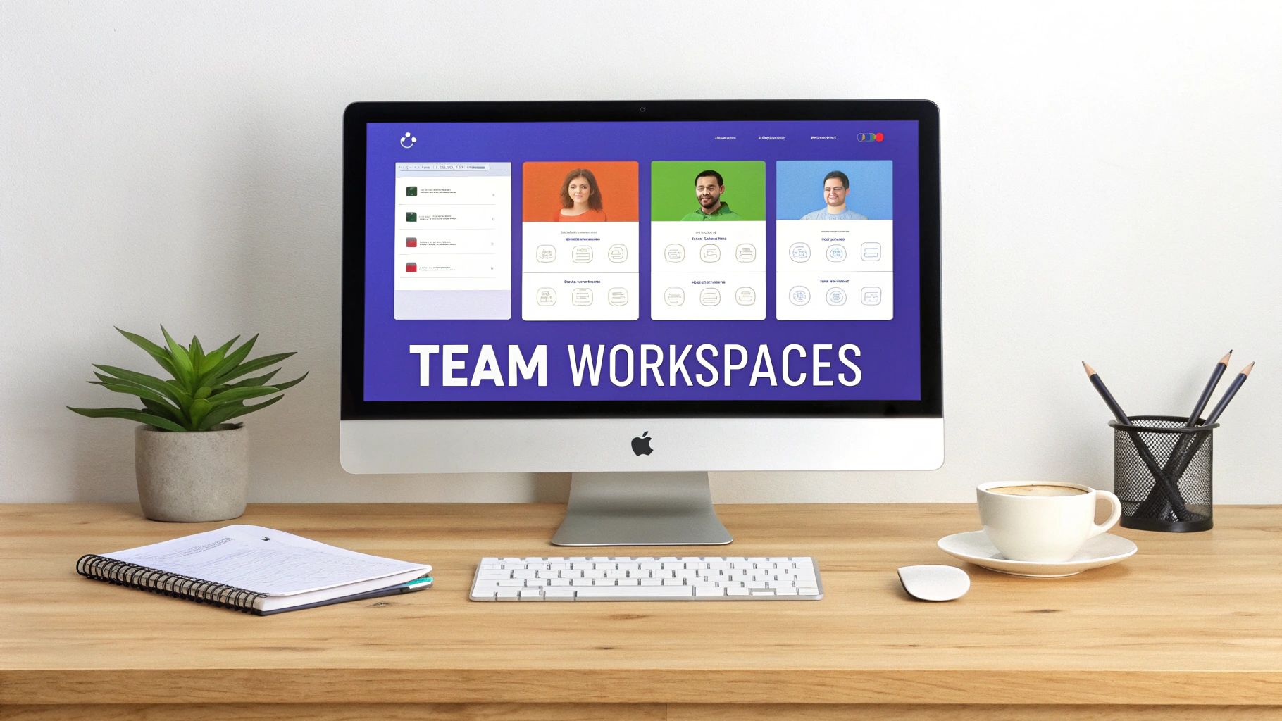 A modern desk setup featuring an iMac displaying 'TEAM WORKSPACES', a plant, notebook, coffee, and keyboard.