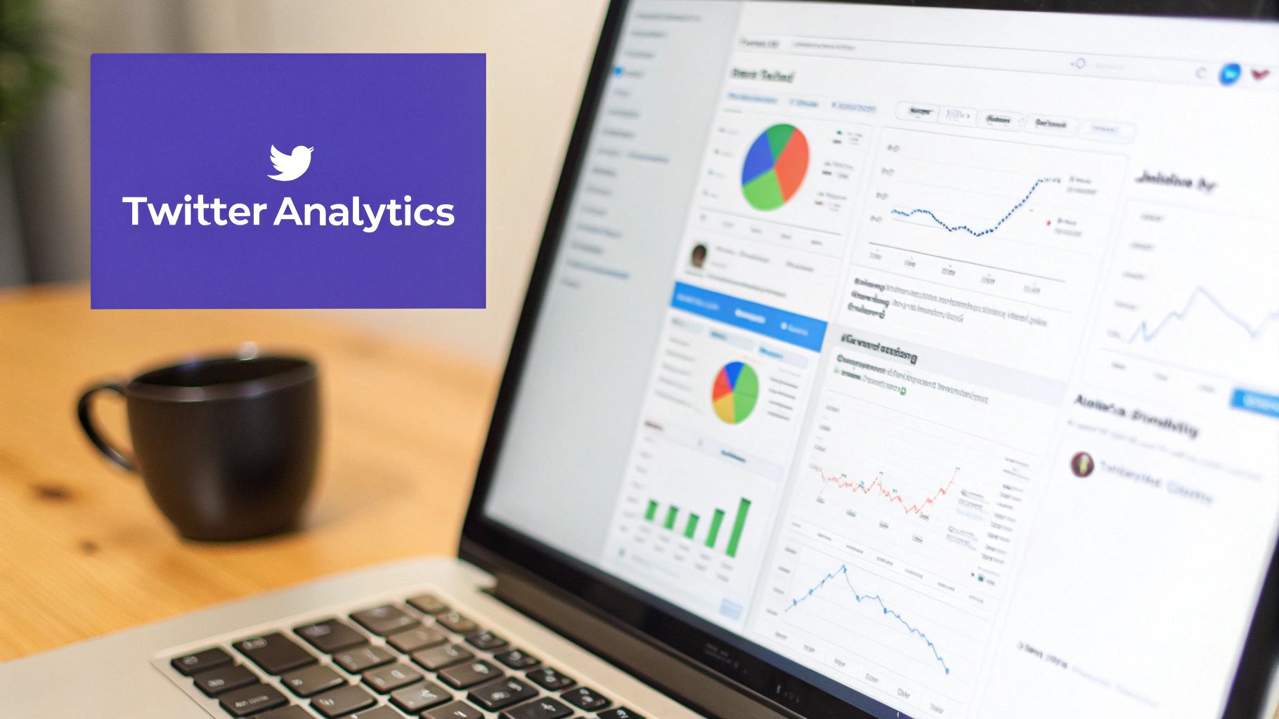 Laptop displaying a Twitter Analytics dashboard with charts and graphs, next to a black mug.
