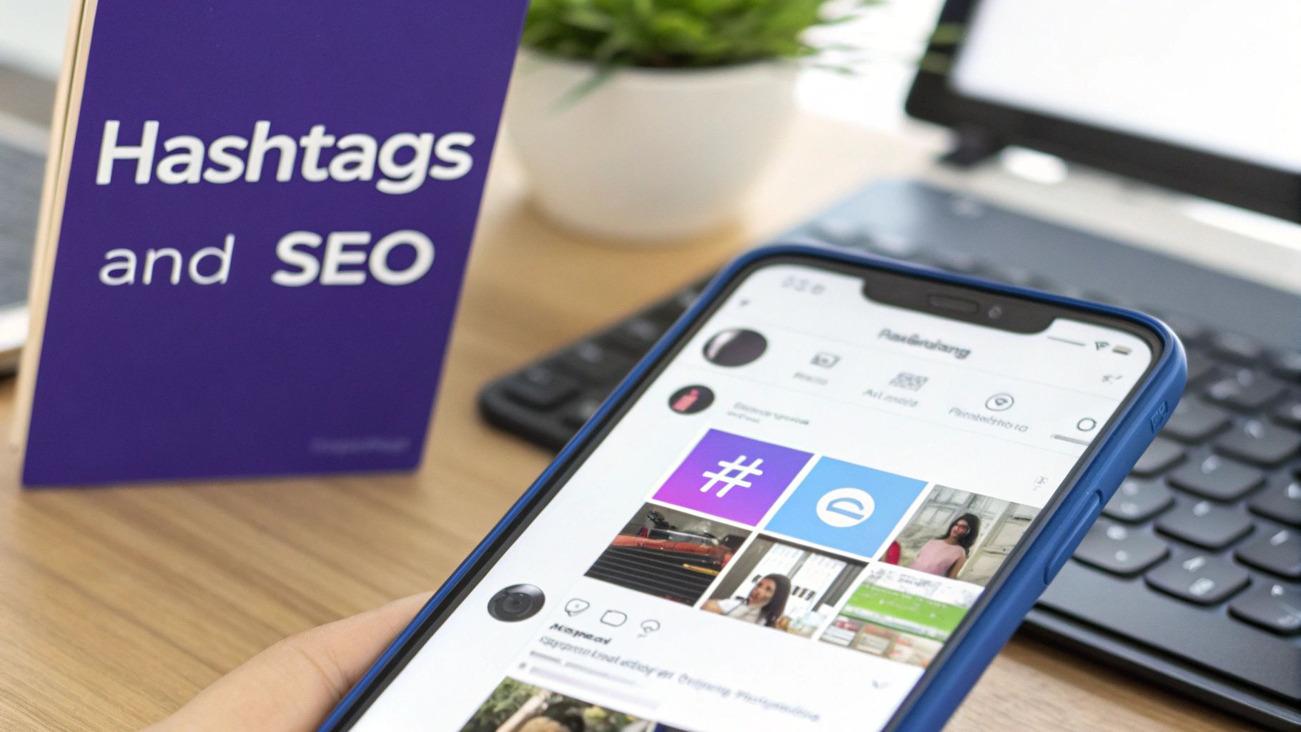 A person holds a smartphone displaying a social media feed next to a book about hashtags and SEO.