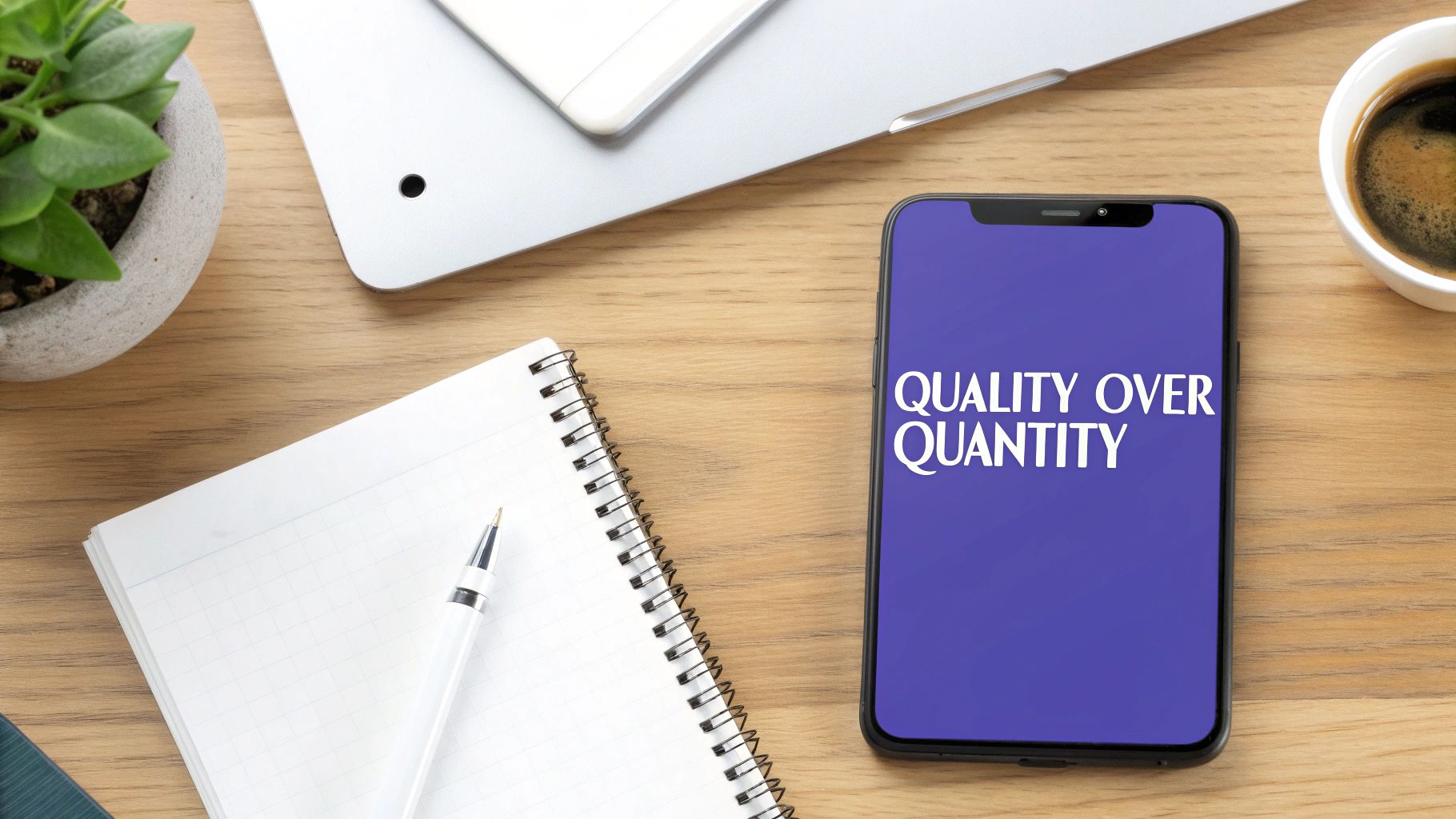 Flat lay of a modern wooden desk with a smartphone displaying 'QUALITY OVER QUANTITY', a laptop, notebook, plant, and coffee.
