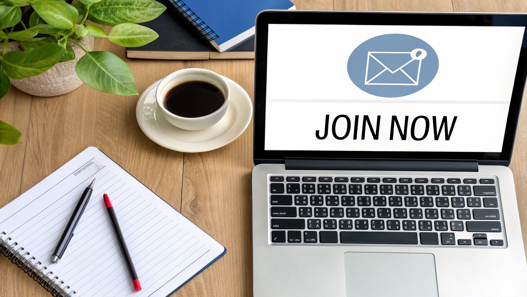 A top-down view of a modern workspace with a laptop showing 'JOIN NOW' and an email icon.